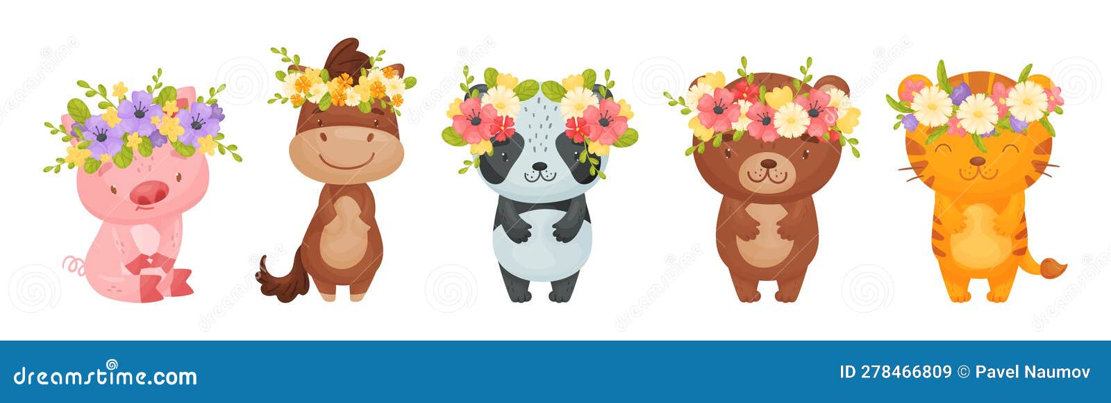 Cute Animals with Flower Wreath and Adornment on Their Head Vector Set ...