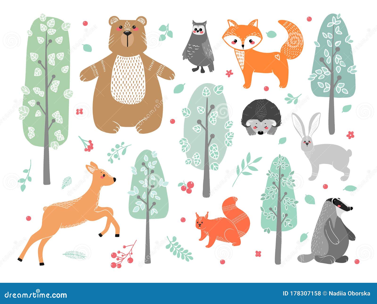 Cute Animals: Fox, Badger, Squirrel, Owl, Deer, Doe, Roe Deer, Hare ...
