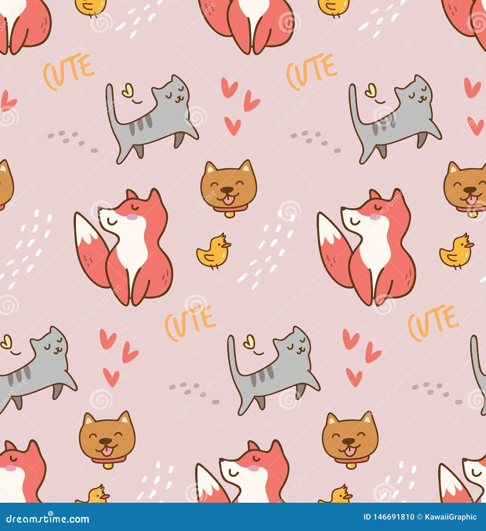 Cute Animals Kawaii Seamless Pattern Stock Illustration - Illustration