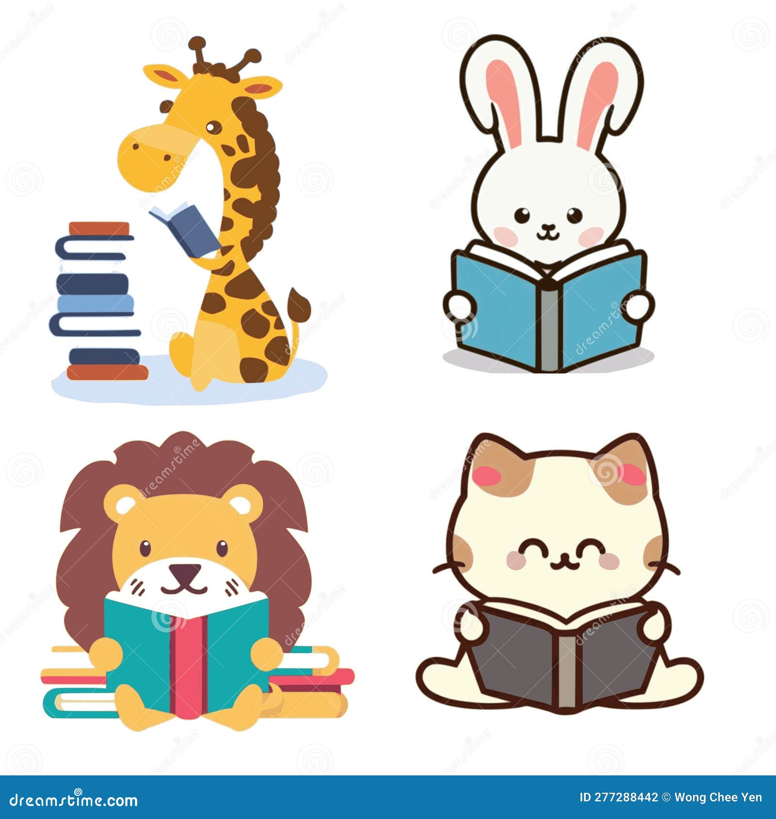 Cute Animals Reading Books Vector Graphics Stock Illustration