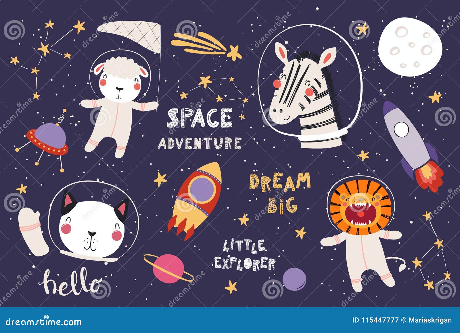 Cute Animals in Space Big Set Stock Vector - Illustration of background,  hand: 115447777