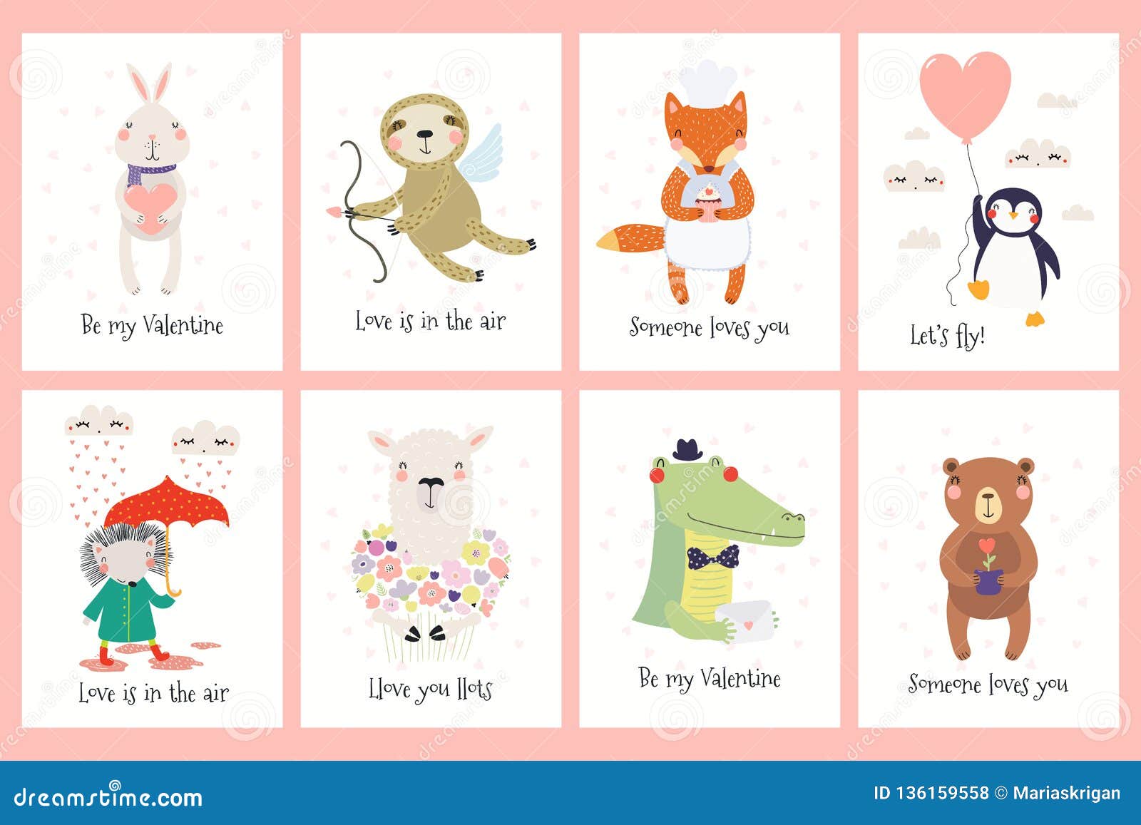Cute Animals Valentines Day Cards Set Stock Vector Illustration Of Childish Card 136159558