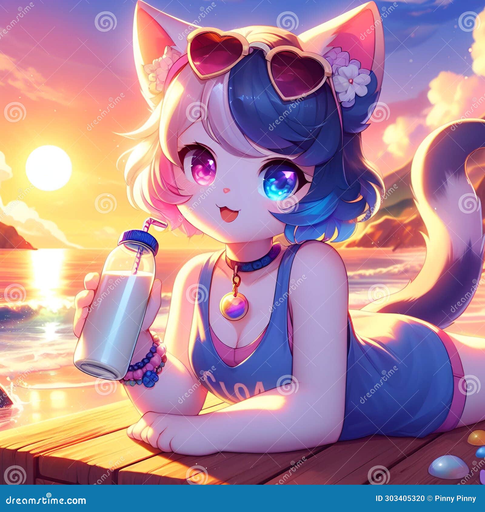 A Cute Anime Cat Girl in Dynamic Pose, at a Beach with Sunrise, Drinking  Milk, Adorable, Digital Anime Art Stock Photo - Image of dynamic, adorable:  303405320