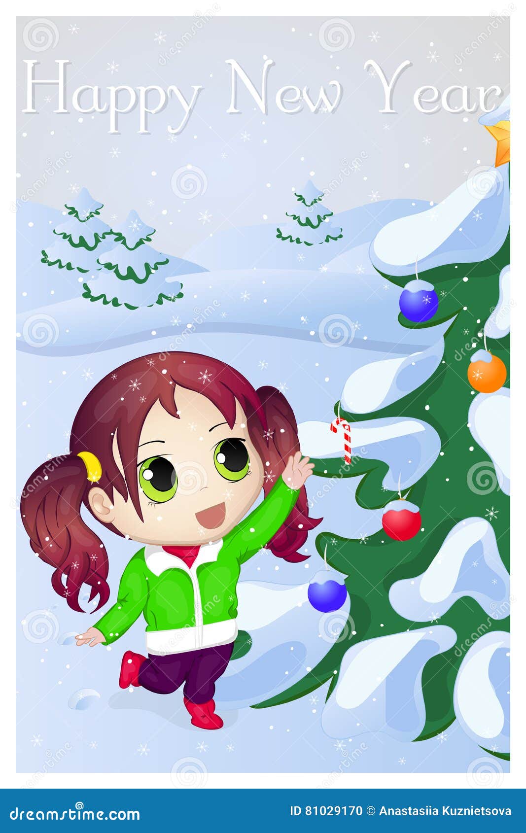Cute Anime Chibi Little Girl Trying To Take Candy. Merry Christmas and Happy  New Year Card. Christmas Card in Cartoon Stock Vector - Illustration of  holiday, surprised: 81029170