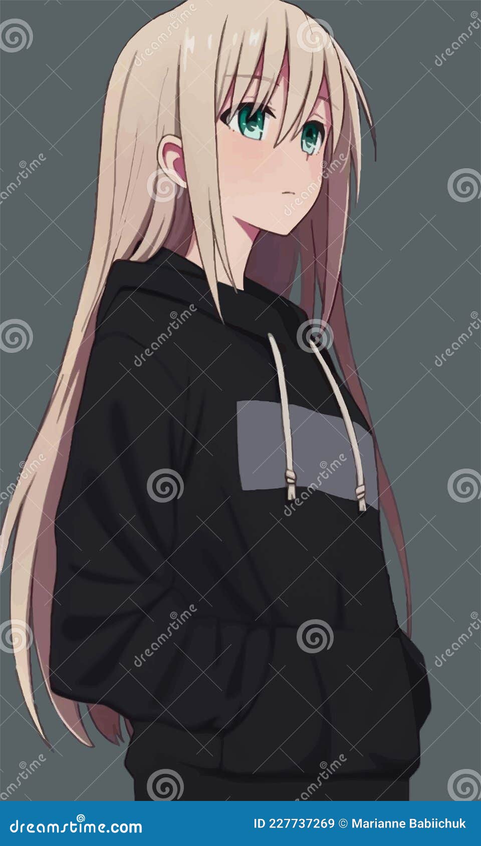Cute Anime Girl In Black Hoodie And Green Eyes Stock Vector - Illustration  Of Cherry, Shiba: 227737269