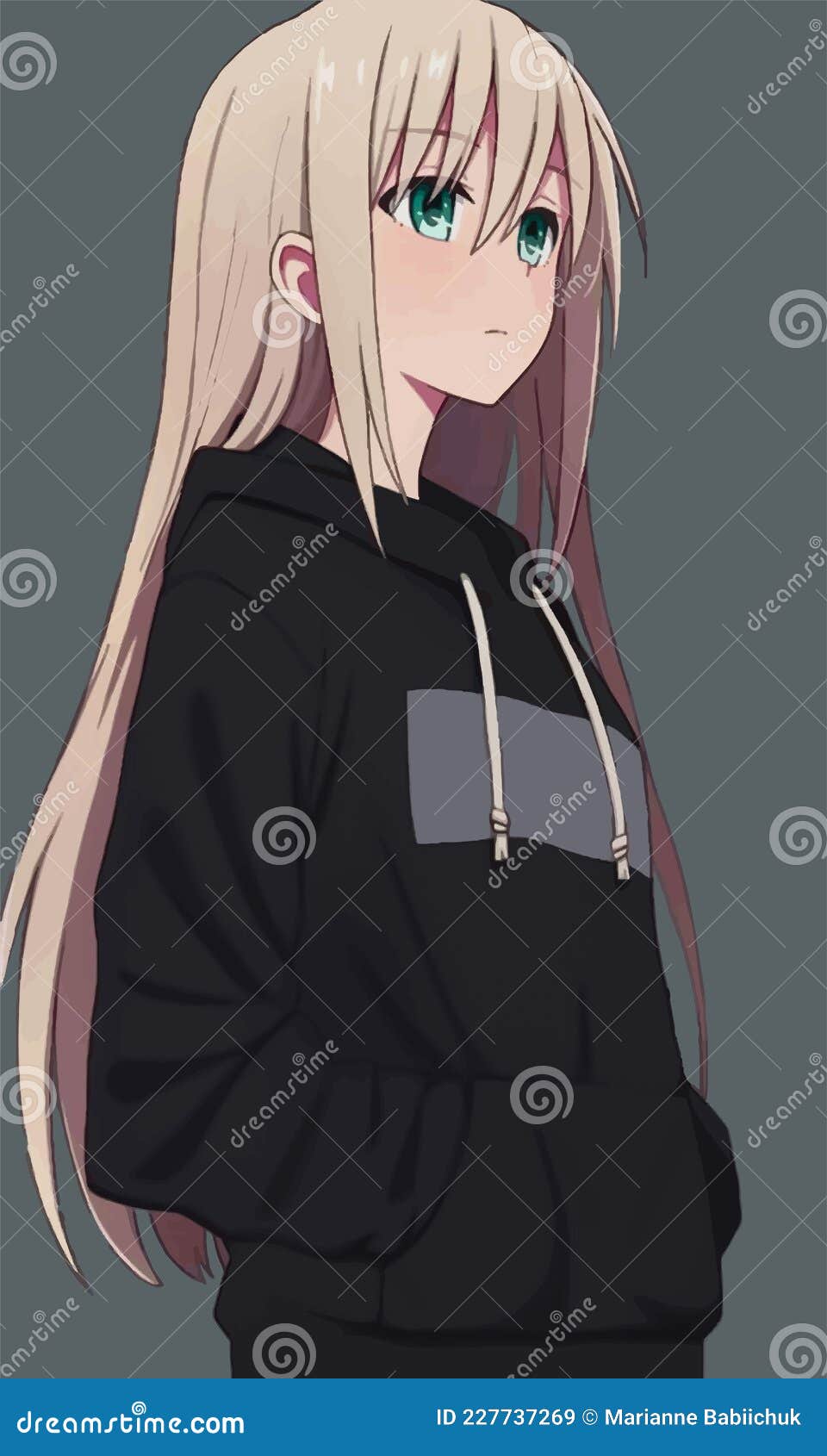 Cute Anime Girl in Black Hoodie and Green Eyes Stock Vector - Illustration  of cherry, shiba: 227737269