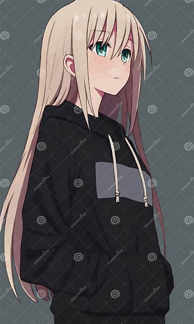 Cute Anime Girl in Black Hoodie and Green Eyes Stock Vector ...