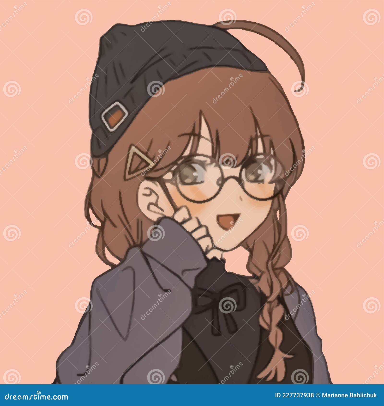 Cute Anime Girl with Glasses and a Hat Stock Vector - Illustration of