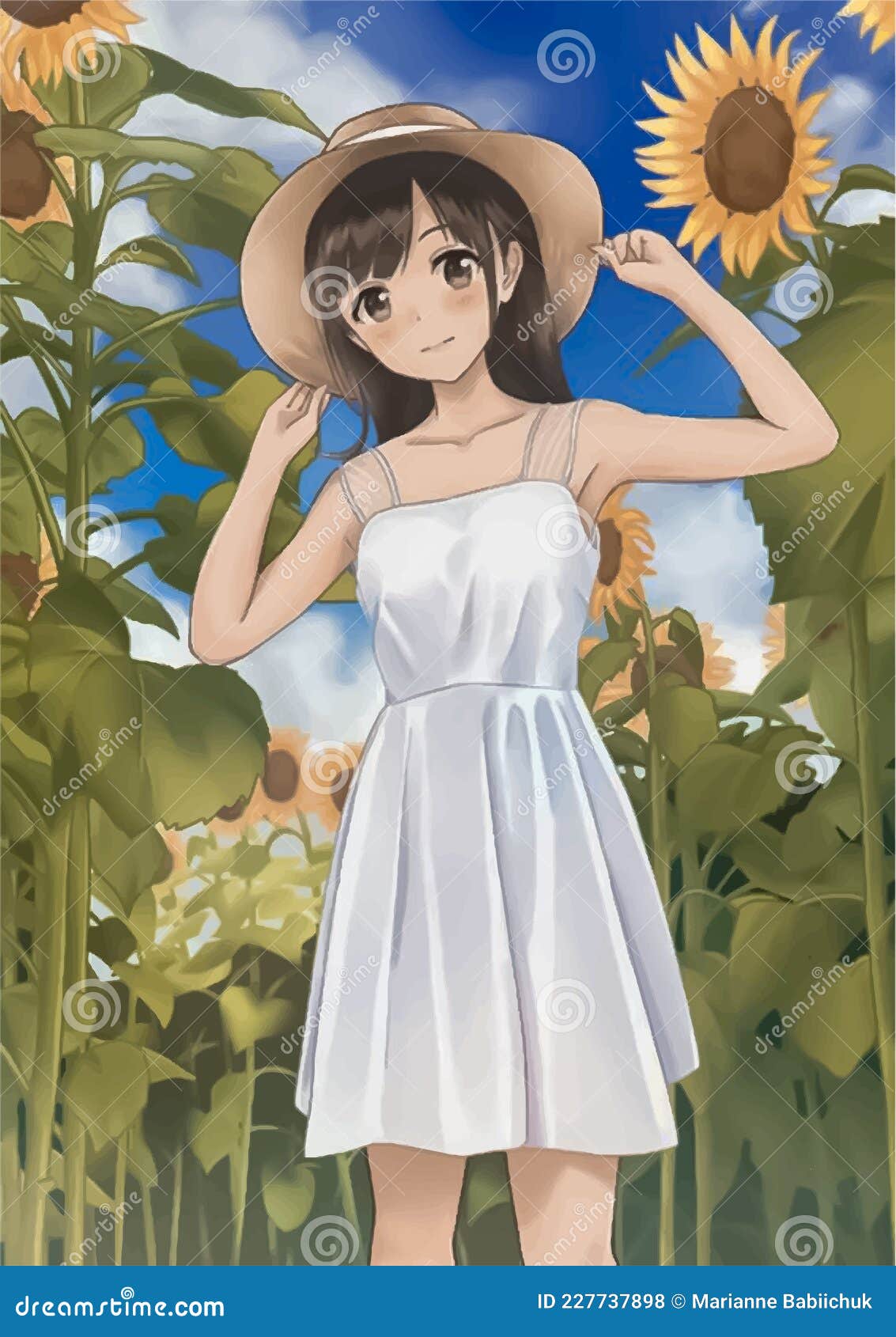 Cute Anime Girl in a Hat on a Background of Sunflowers and Sky