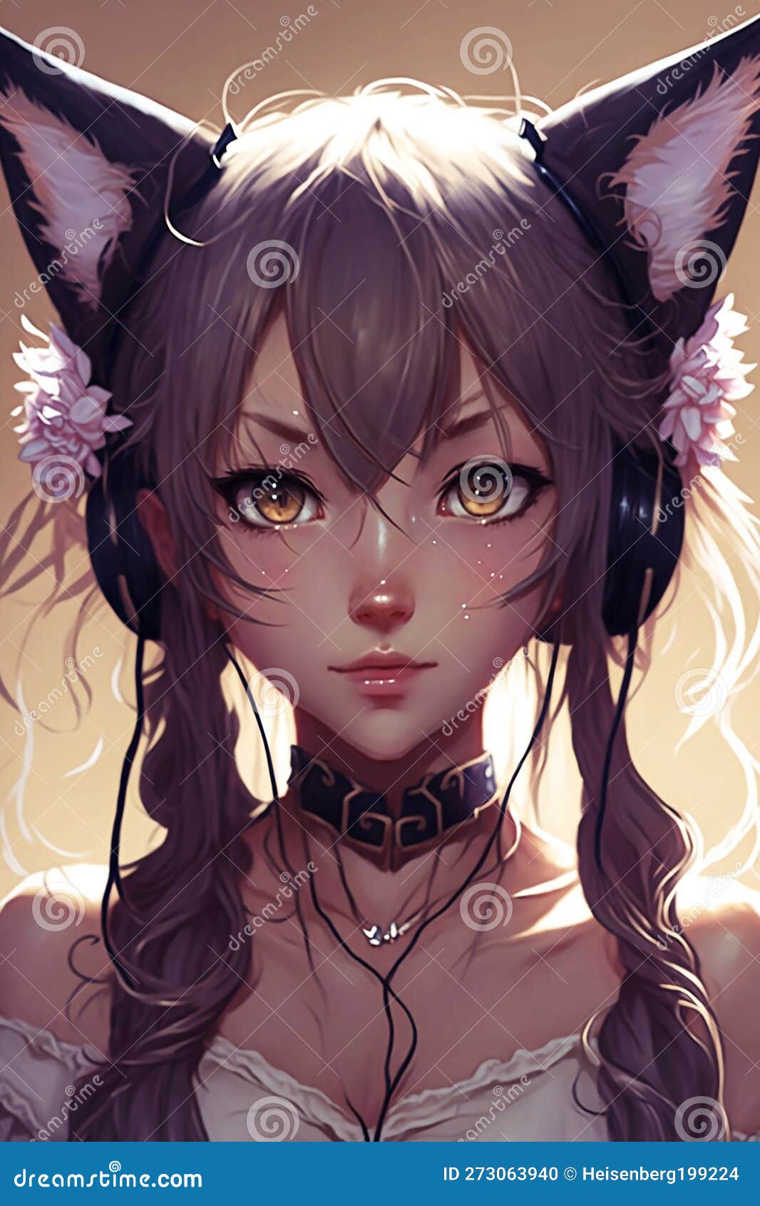 Cute Anime Girl with Headphone Digital Art Stock Illustration