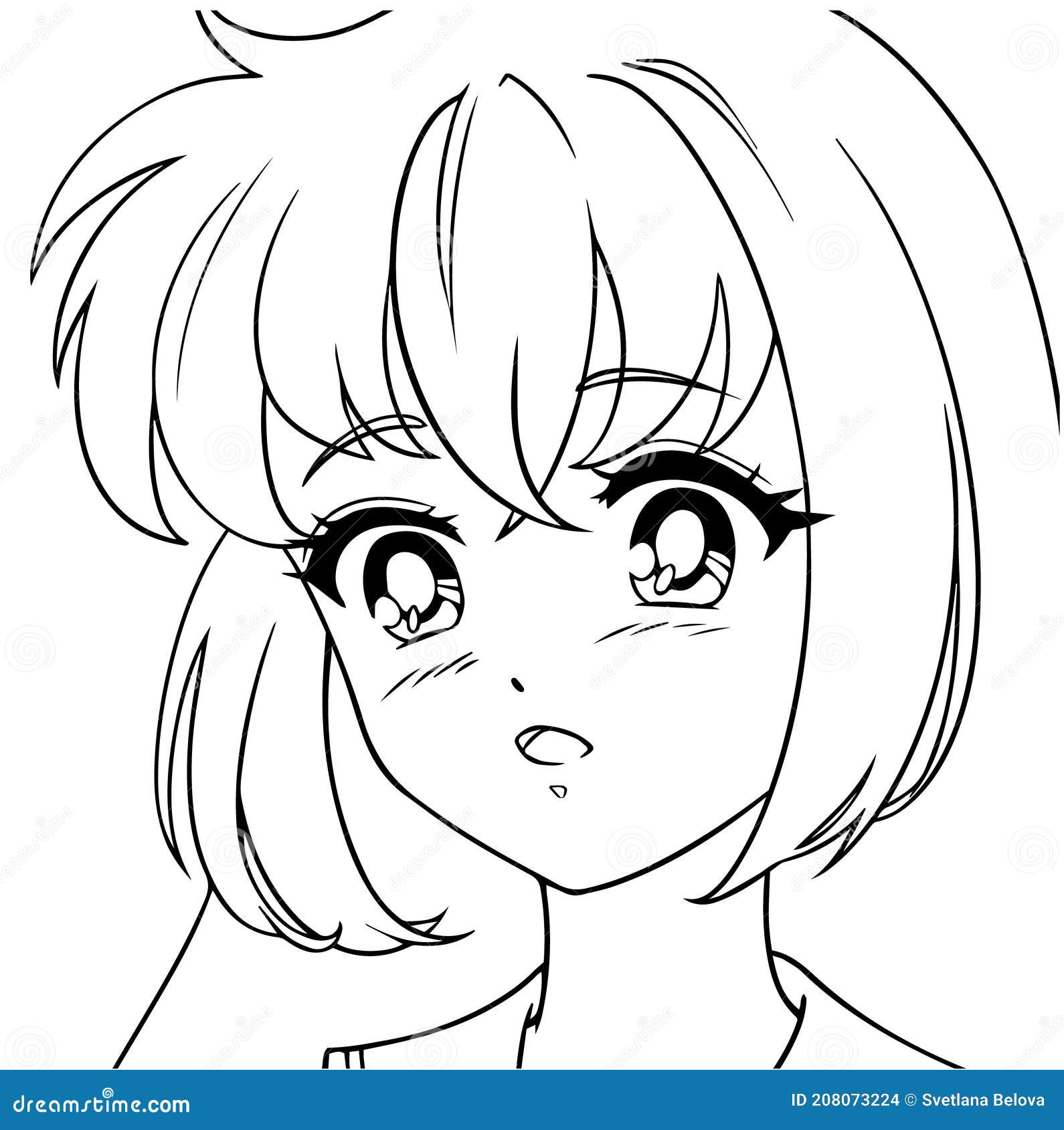 Vetor de Cute anime girl icon portrait. Contour vector