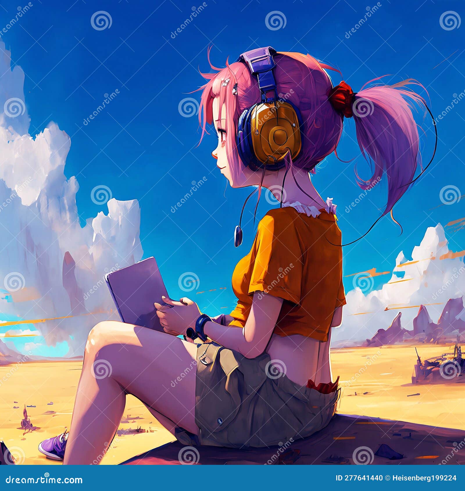 Cute Anime Girl with Headphone Digital Art Stock Illustration