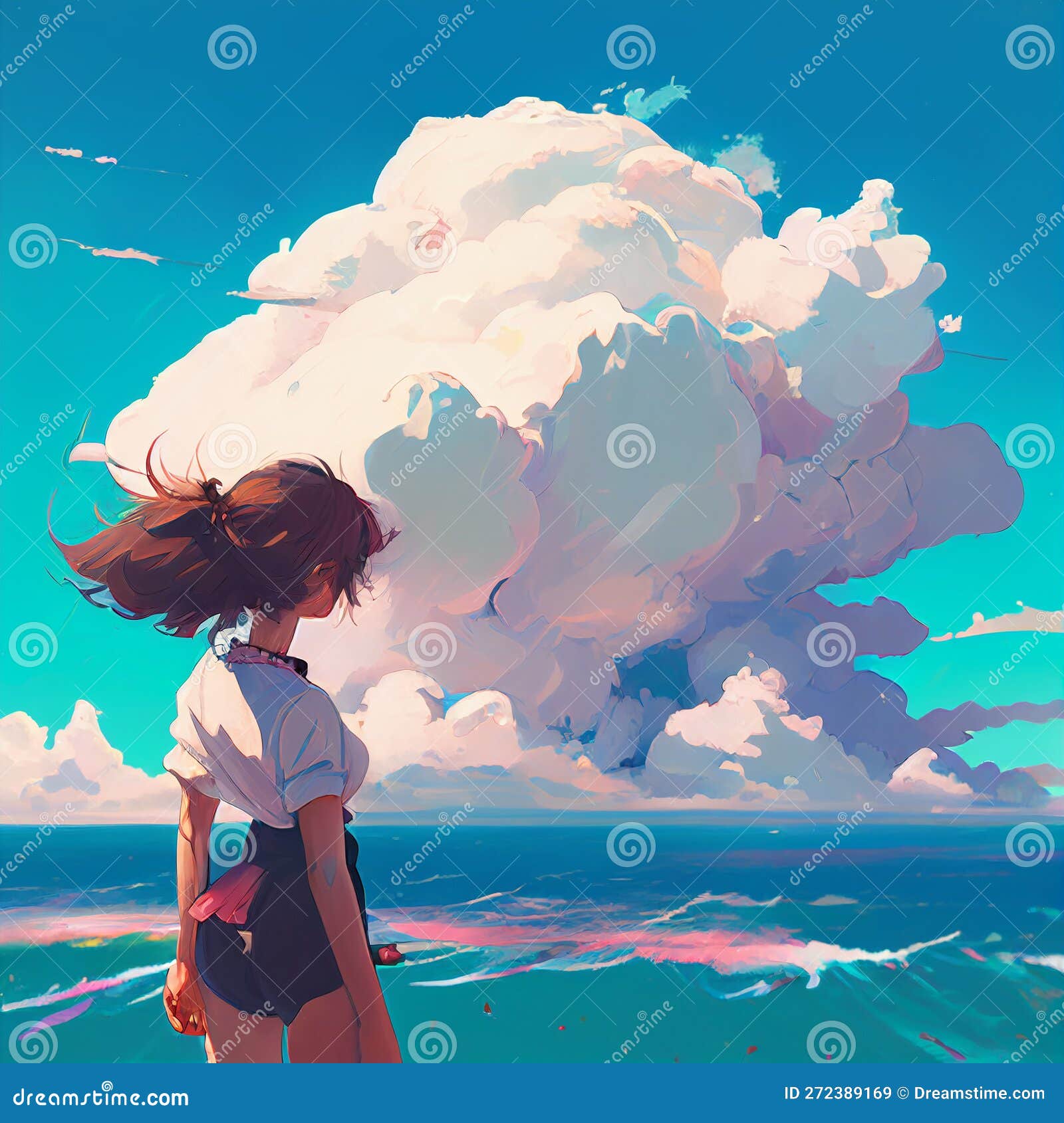 Cute Anime Girl Standing in Front of Ocean and Big Cloud Digital