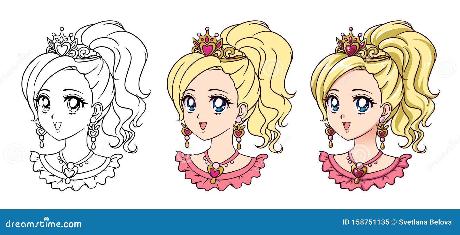 Cute Anime Princess Portrait. Three Versions Contour, Flat Colors, Cell  Shading Stock Vector - Illustration of black, girl: 158751135