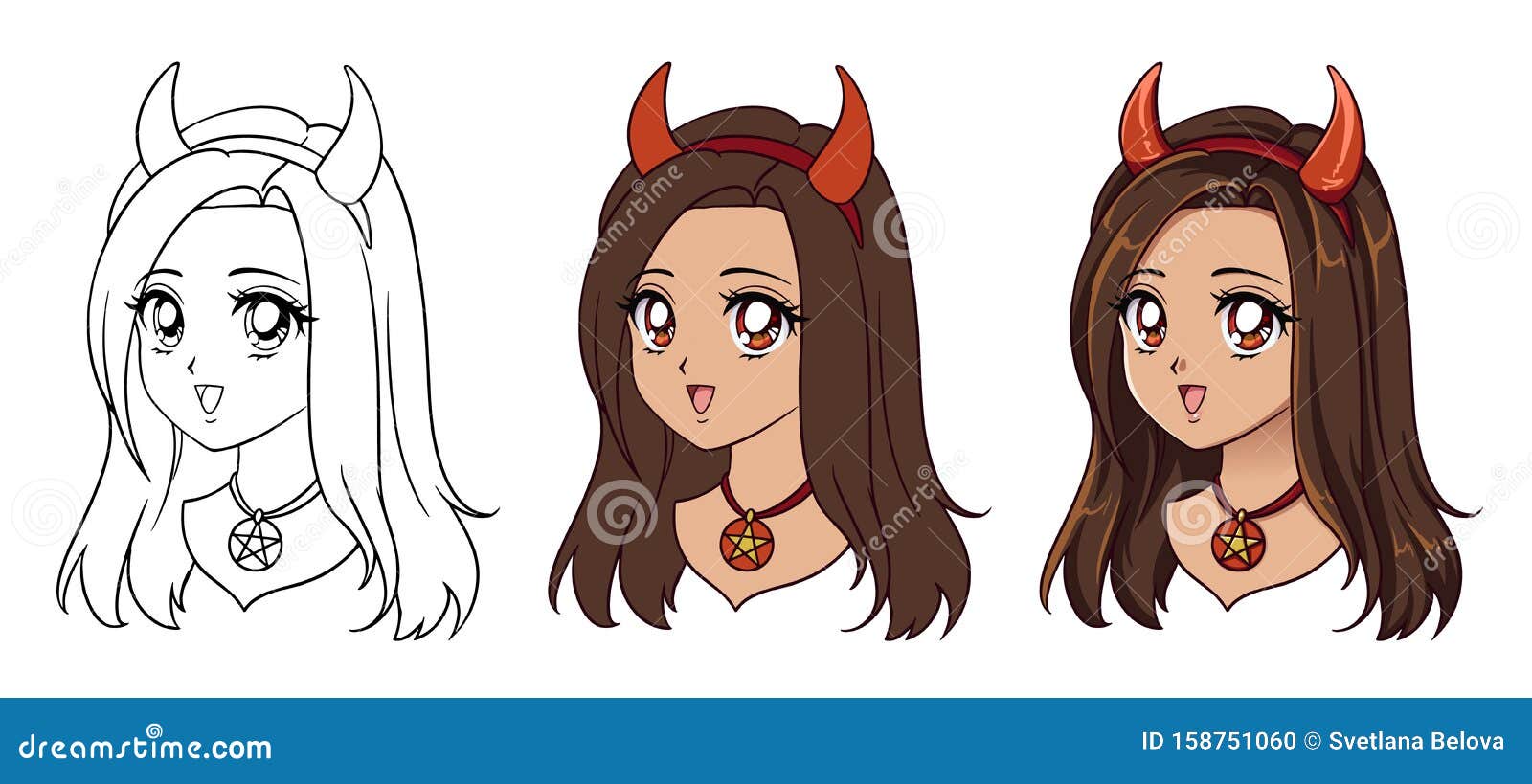 Cute Anime Teufel Girl Portrait Drei Varianten Kontur, Flachfarben