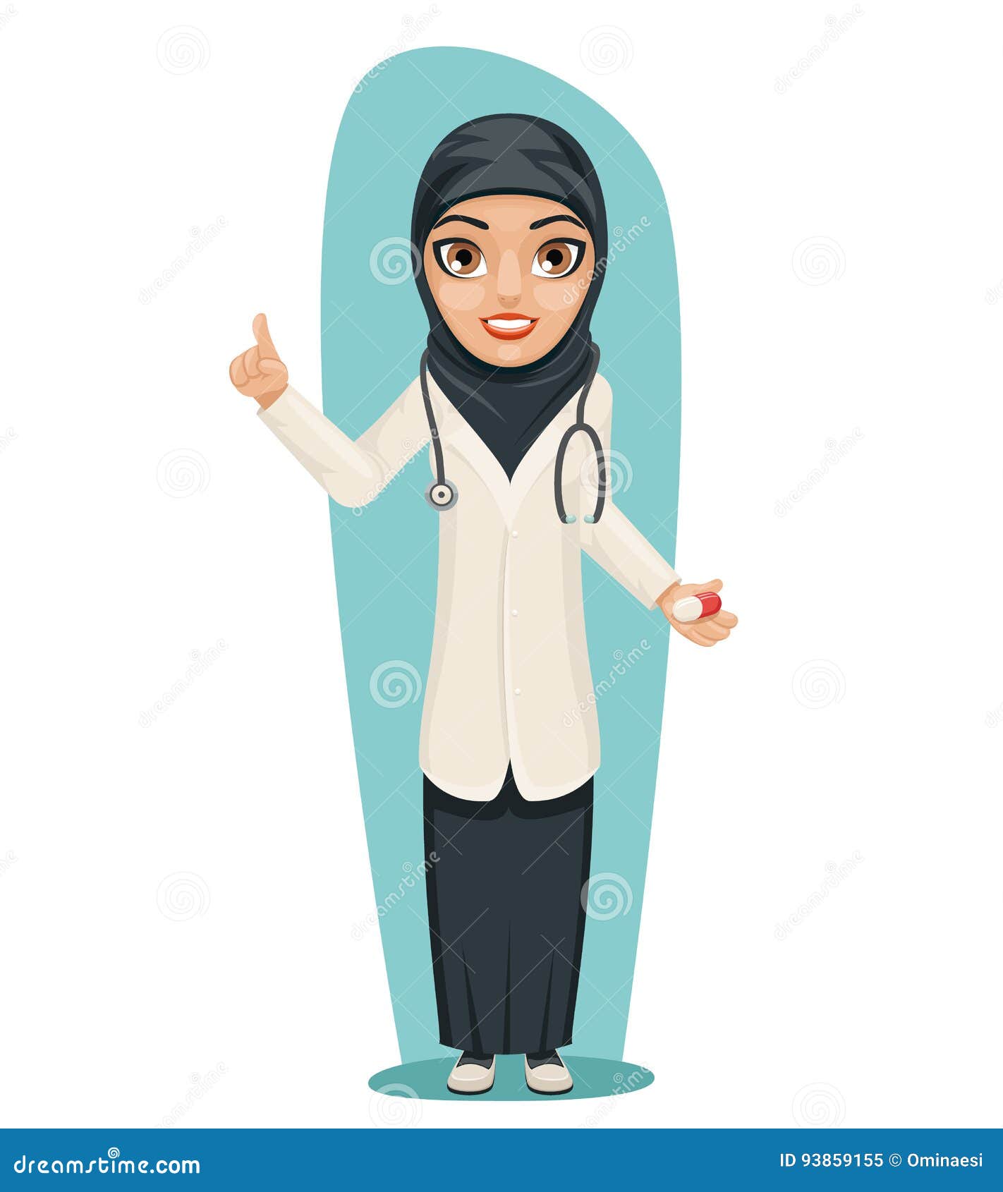 cute arab doctor with pill medicine in hand forefinger up advice preaching admonition female girl character 