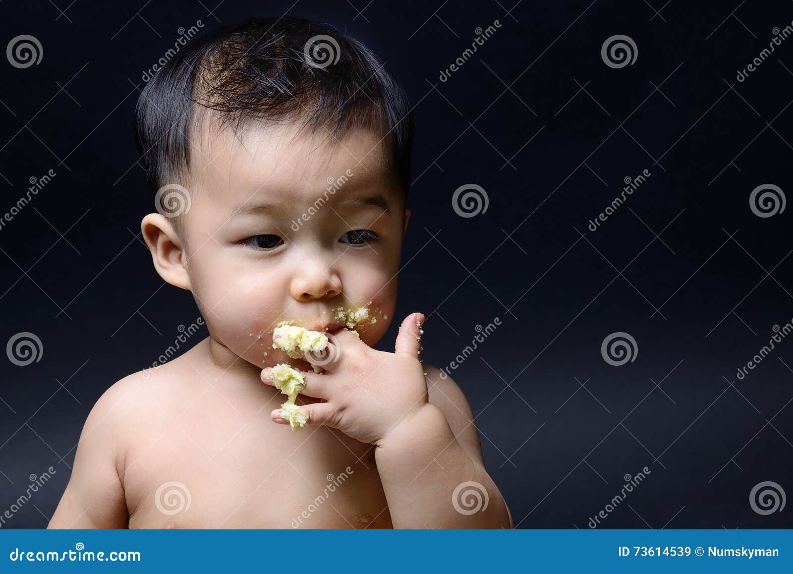 Cute Asian Baby Eating Cake with His Hand Stock Image Image of tasty
