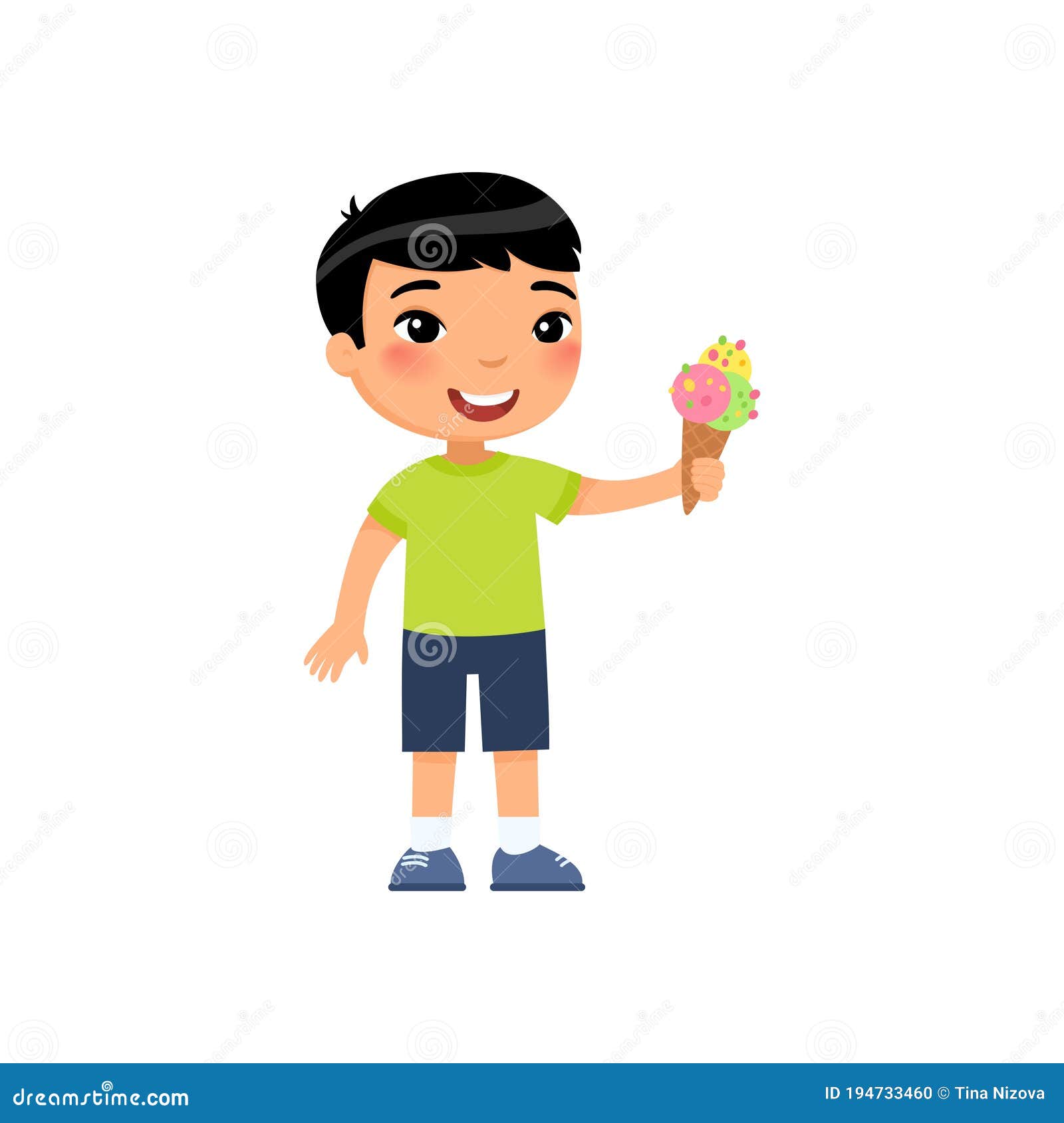 Download Cute Asian Boy With Ice Cream Flat Vector Illustration. Happy Child With Sweet Summer Dessert ...