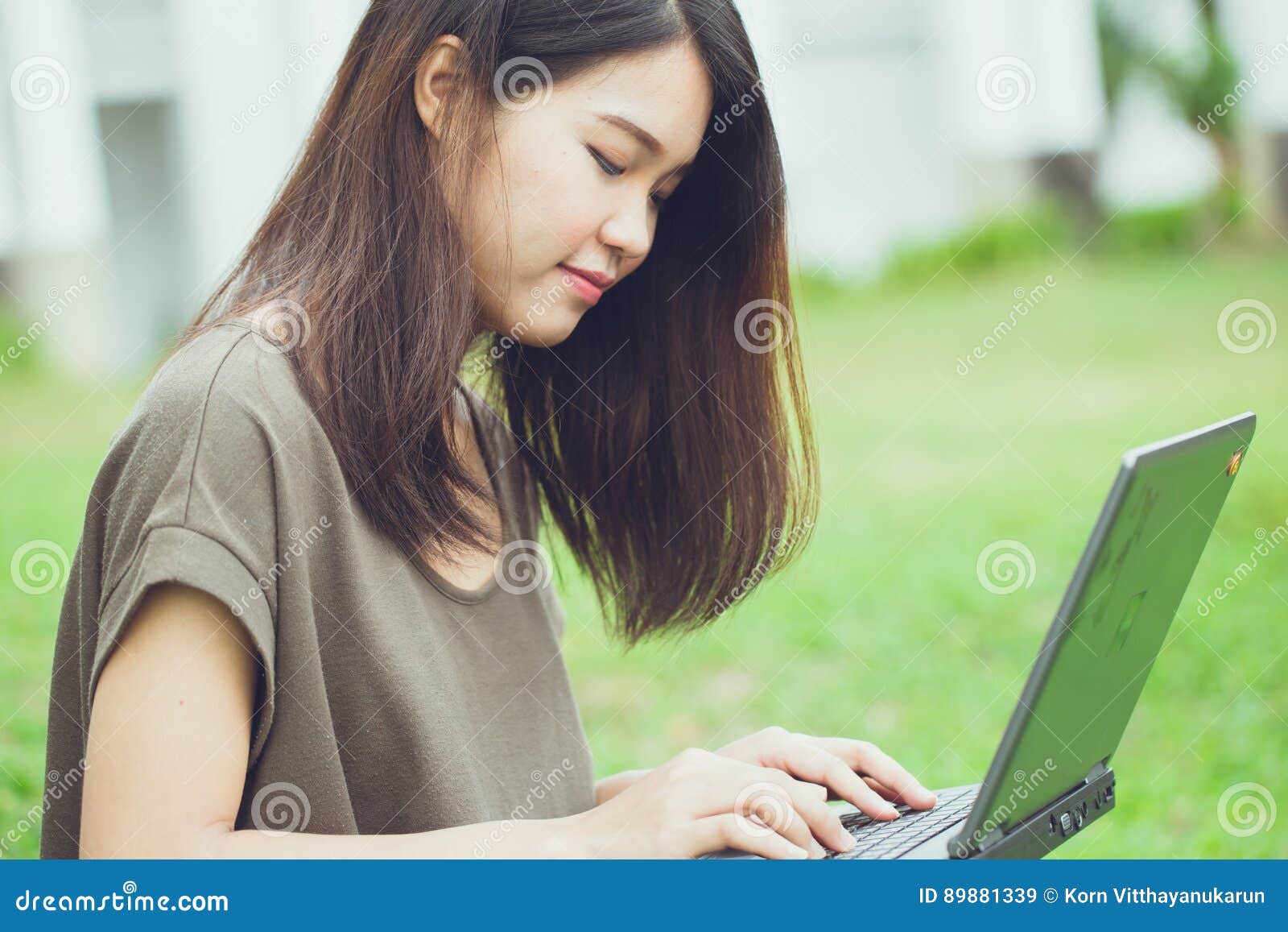 Cute Asian Teen Women Student Using Laptop Comput