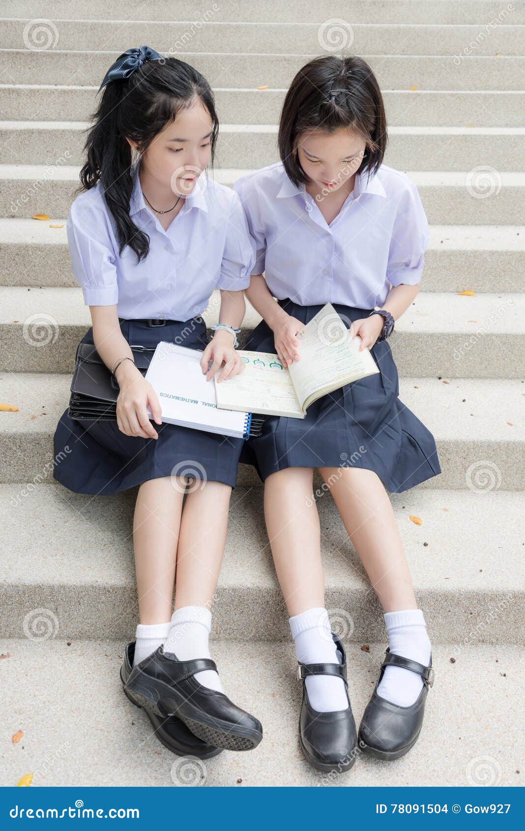 Cute Asian Thai High Schoolgirls Student Couple Reading In 
