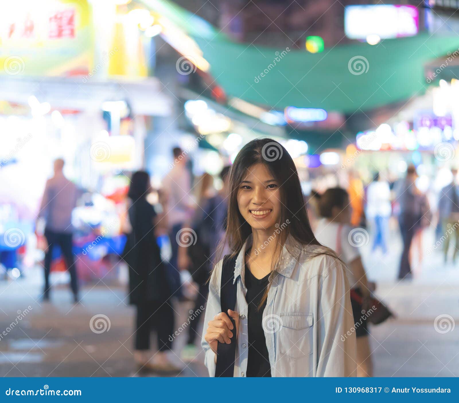 Cute Traveler Girl in the Night Street of Hong Kong Stock Image - Image ...