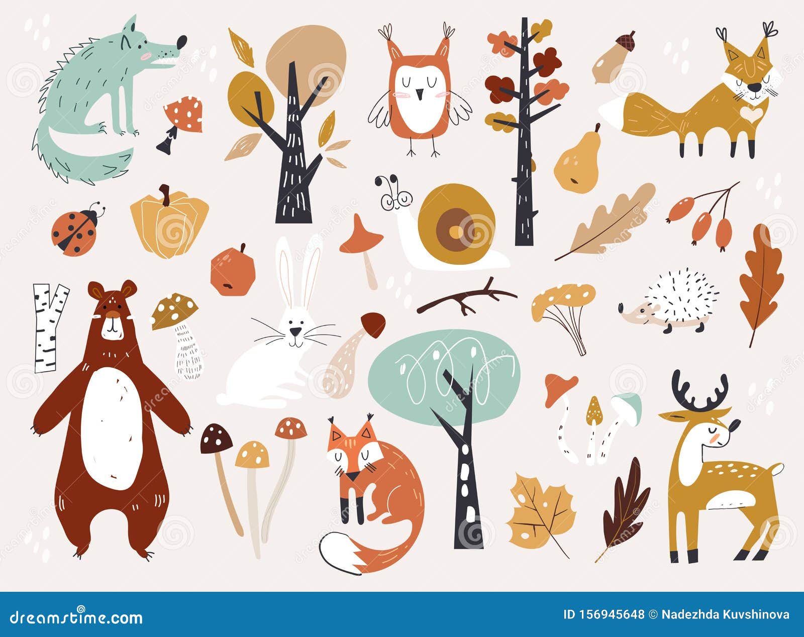 cute autumn woodland animals and floral forest  s. set of cute autumn cartoon characters, plants and food