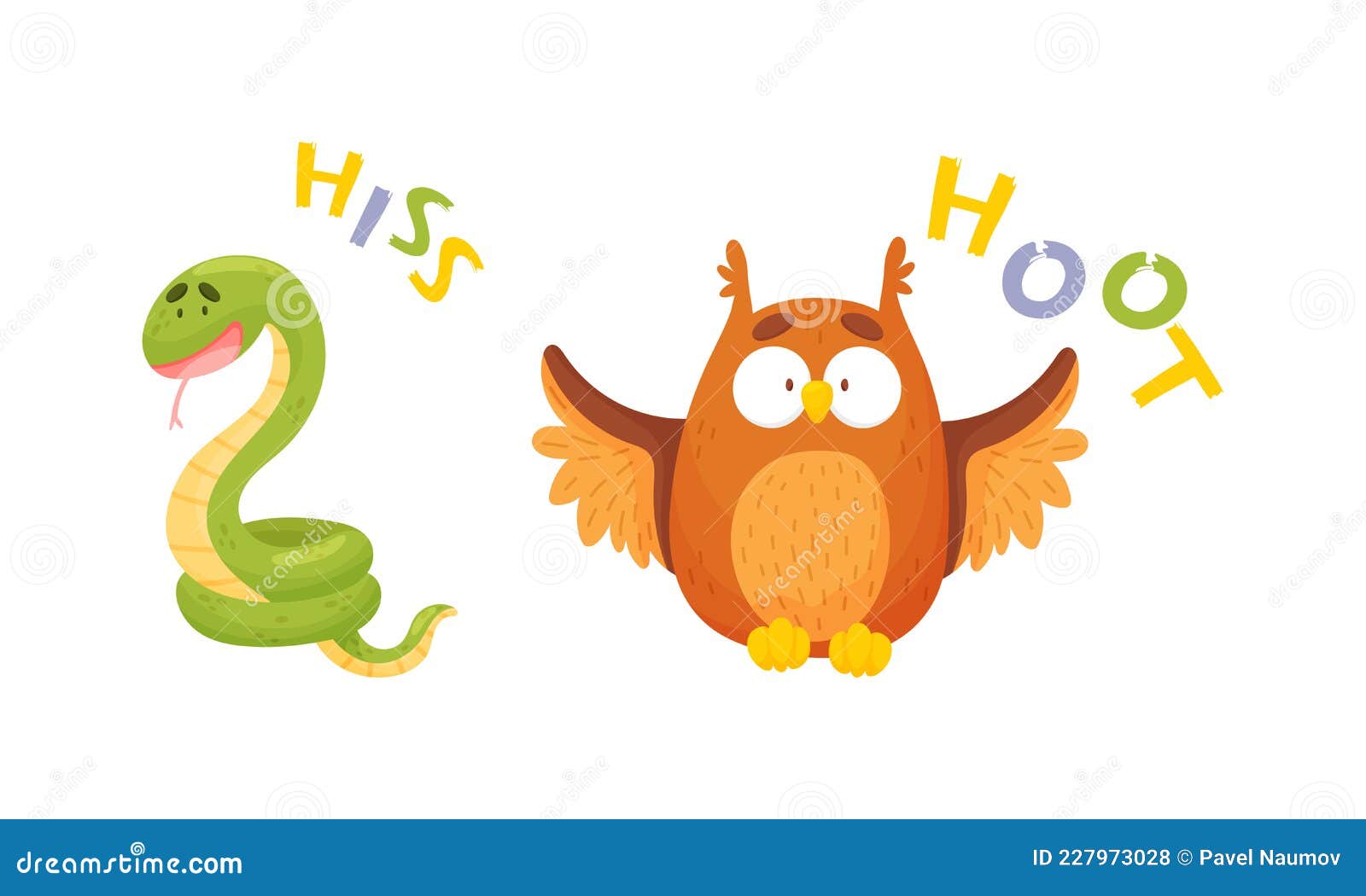 Cute Baby Animals Making Sounds Set. Snake and Owl Saying Hiss and Hoot  Vector Illustration Stock Vector - Illustration of isolated, talk: 227973028