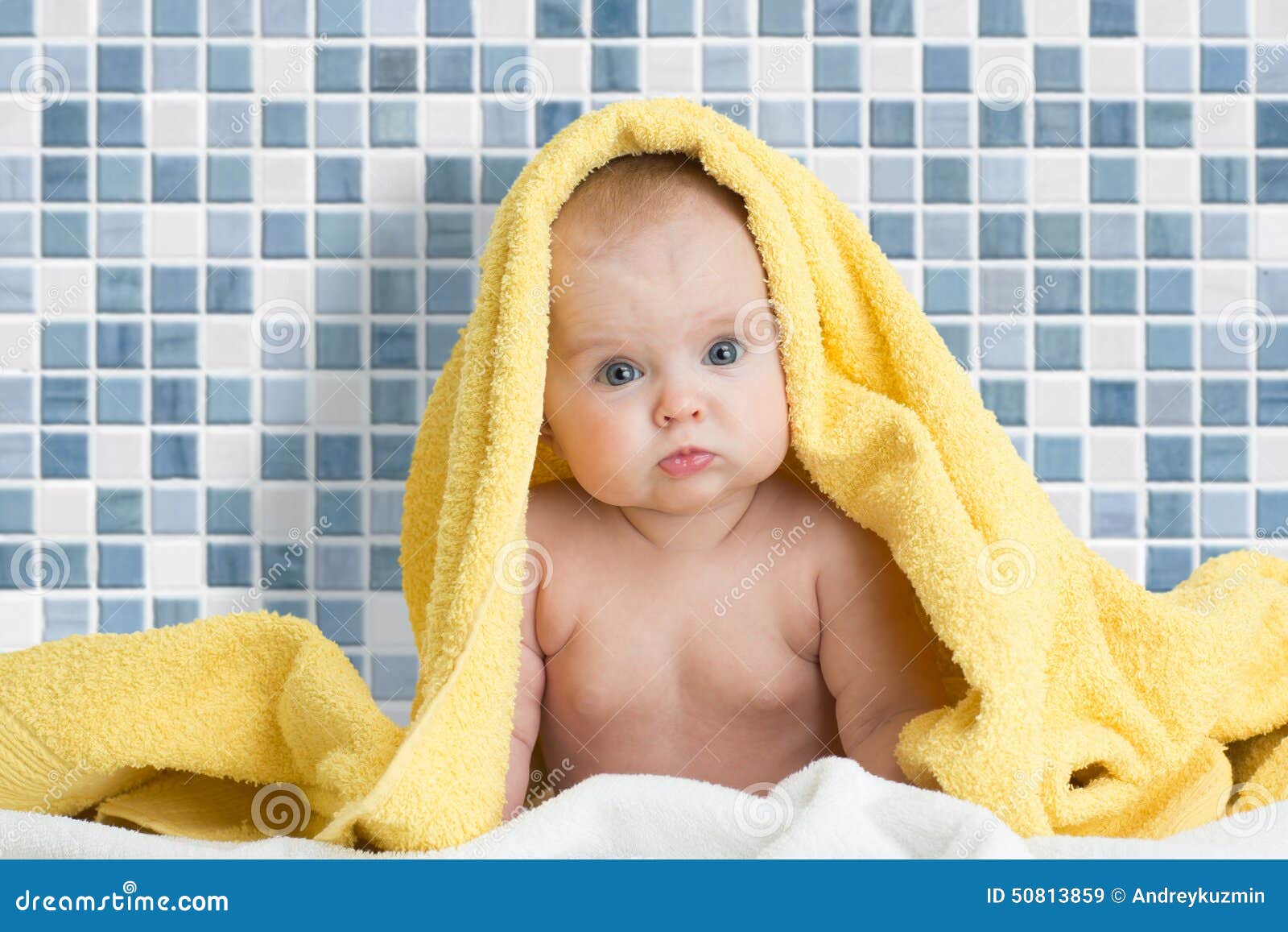Cute baby in bath towel stock image. Image of human, face 50813859