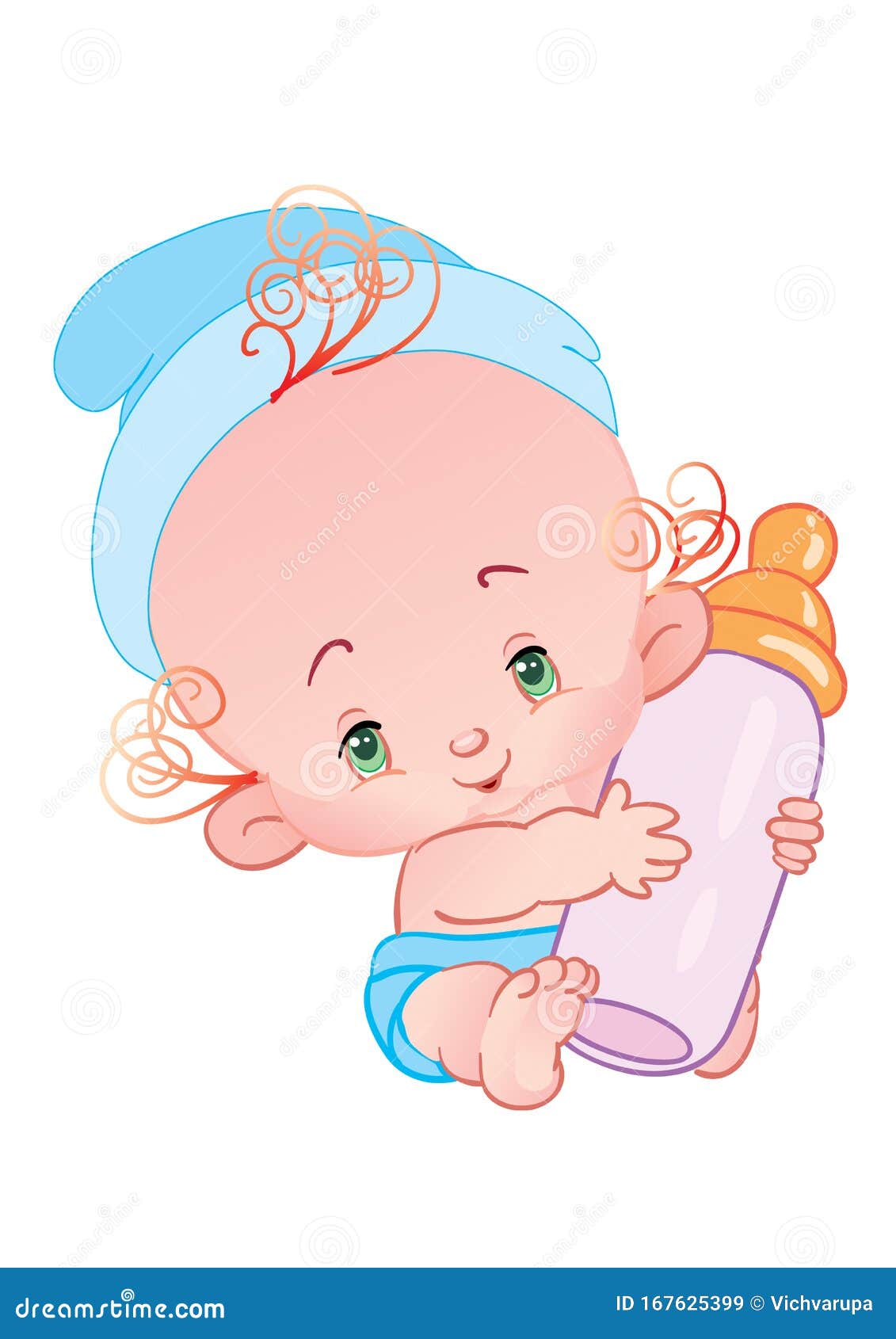 Cute Baby with a Blue Cap on a Big Head Holds a Pink Bottle in Small Hands,  Isolated Object on a White Background Stock Vector - Illustration of face,  happy: 167625399