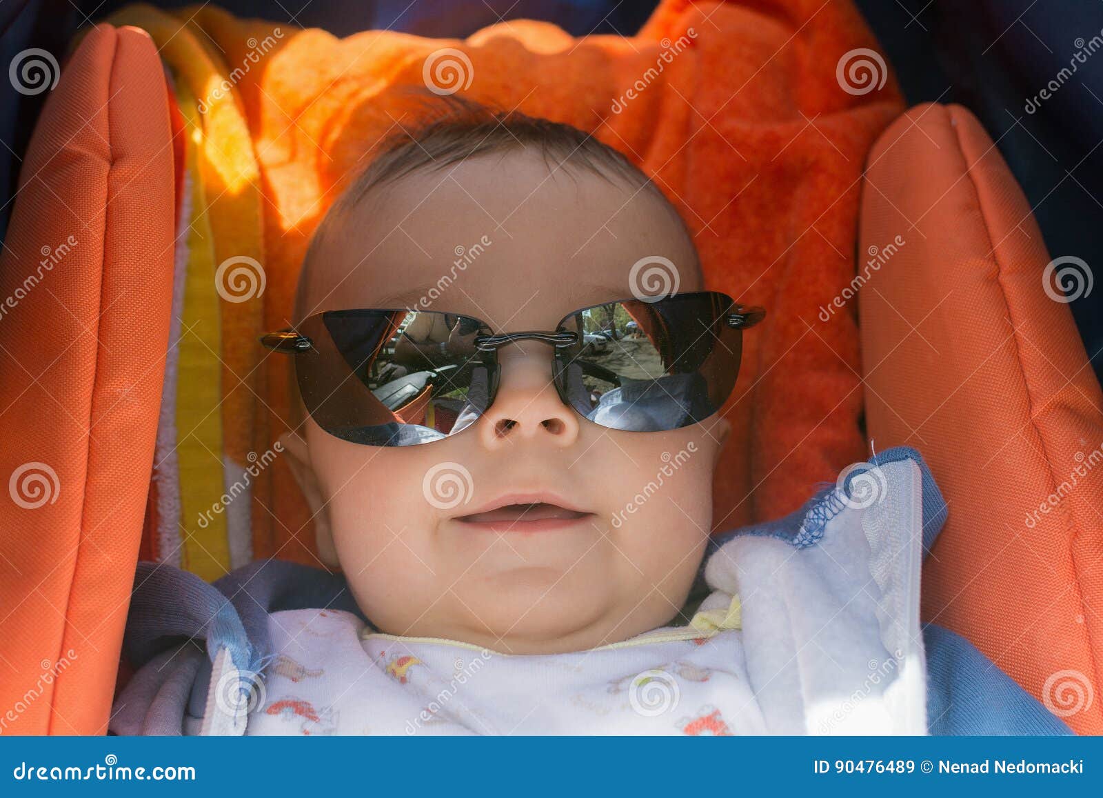 Cute Baby Boy in a Stroller with Sunglasses Stock Image Image of