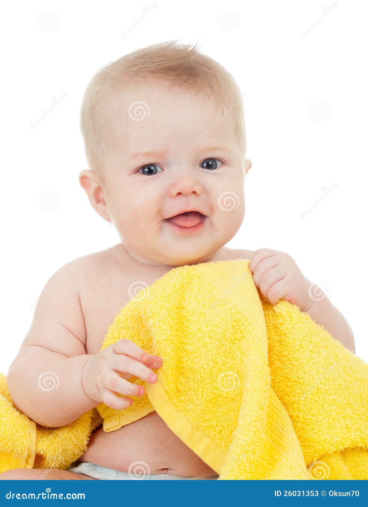 Cute Baby Boy In Yellow Towel Isolated On White Stock ...