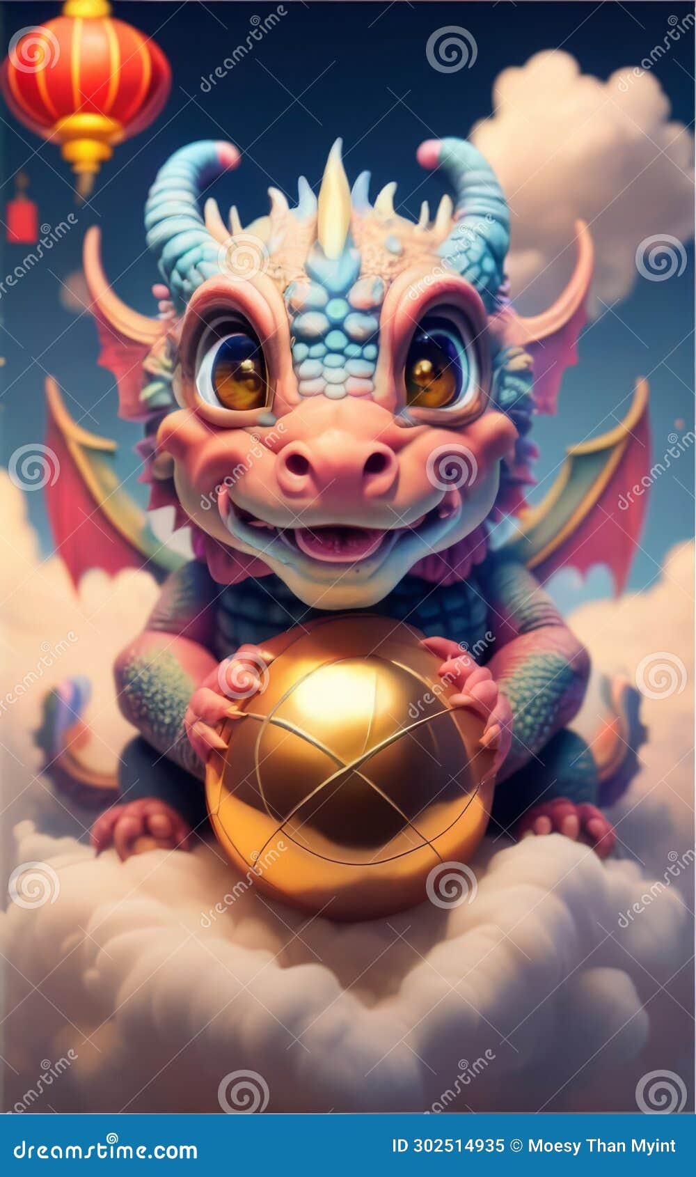 Cute Baby Dragon Playing with the Ball, Chinese New Year Background
