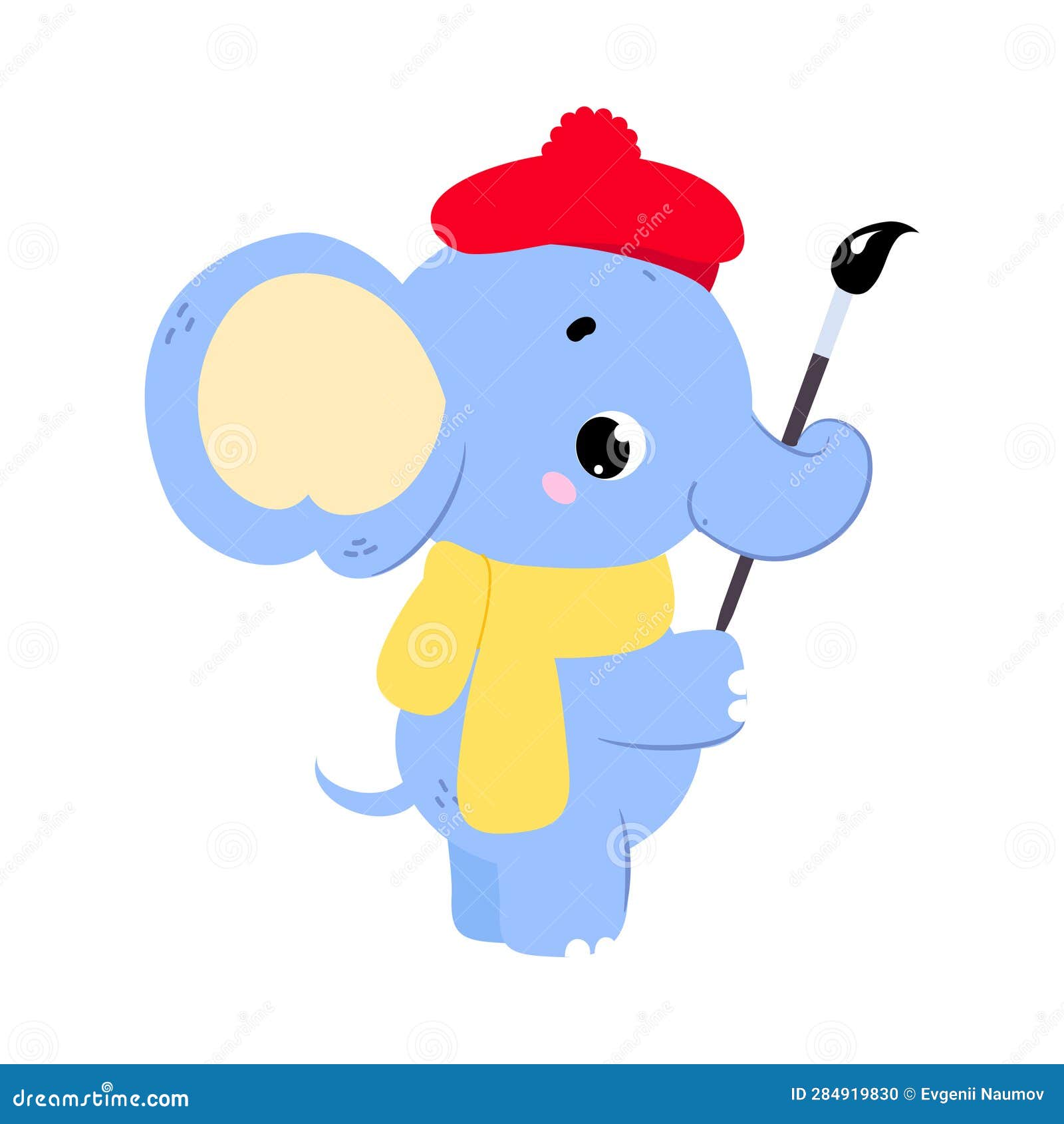 Cute Baby Elephant Character with Trunk in Beret with Paint Brush ...