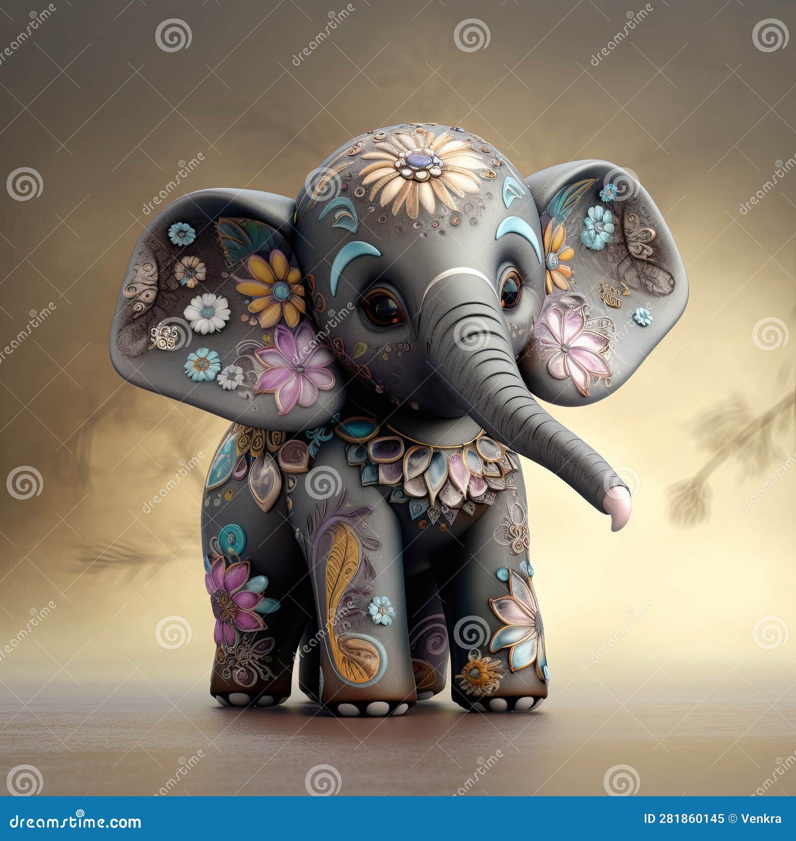 Cute Baby Elephant with Flowers Stock Illustration Illustration of