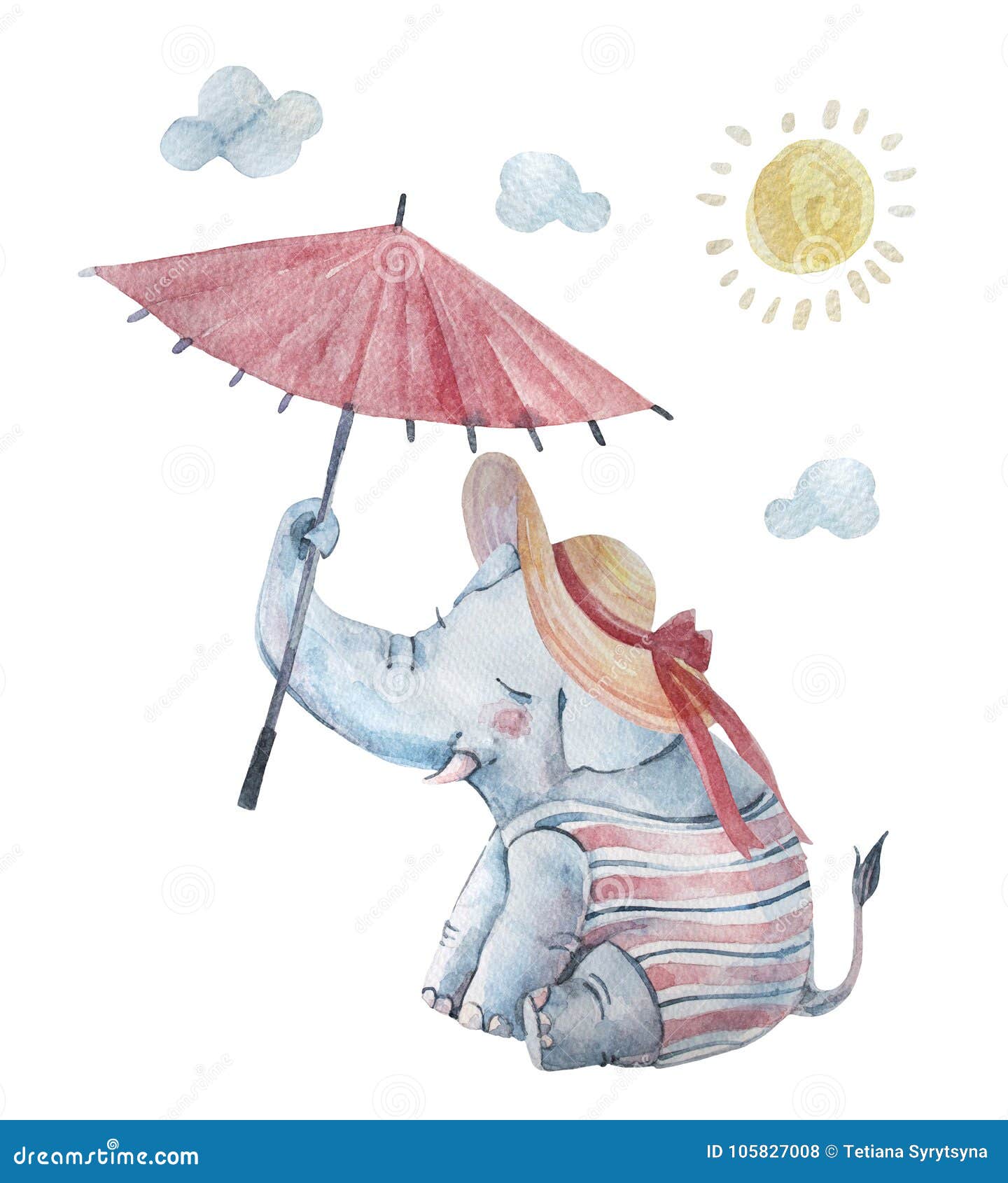 cute baby elephant in swimsuite and large brimmed hat under sun  on background