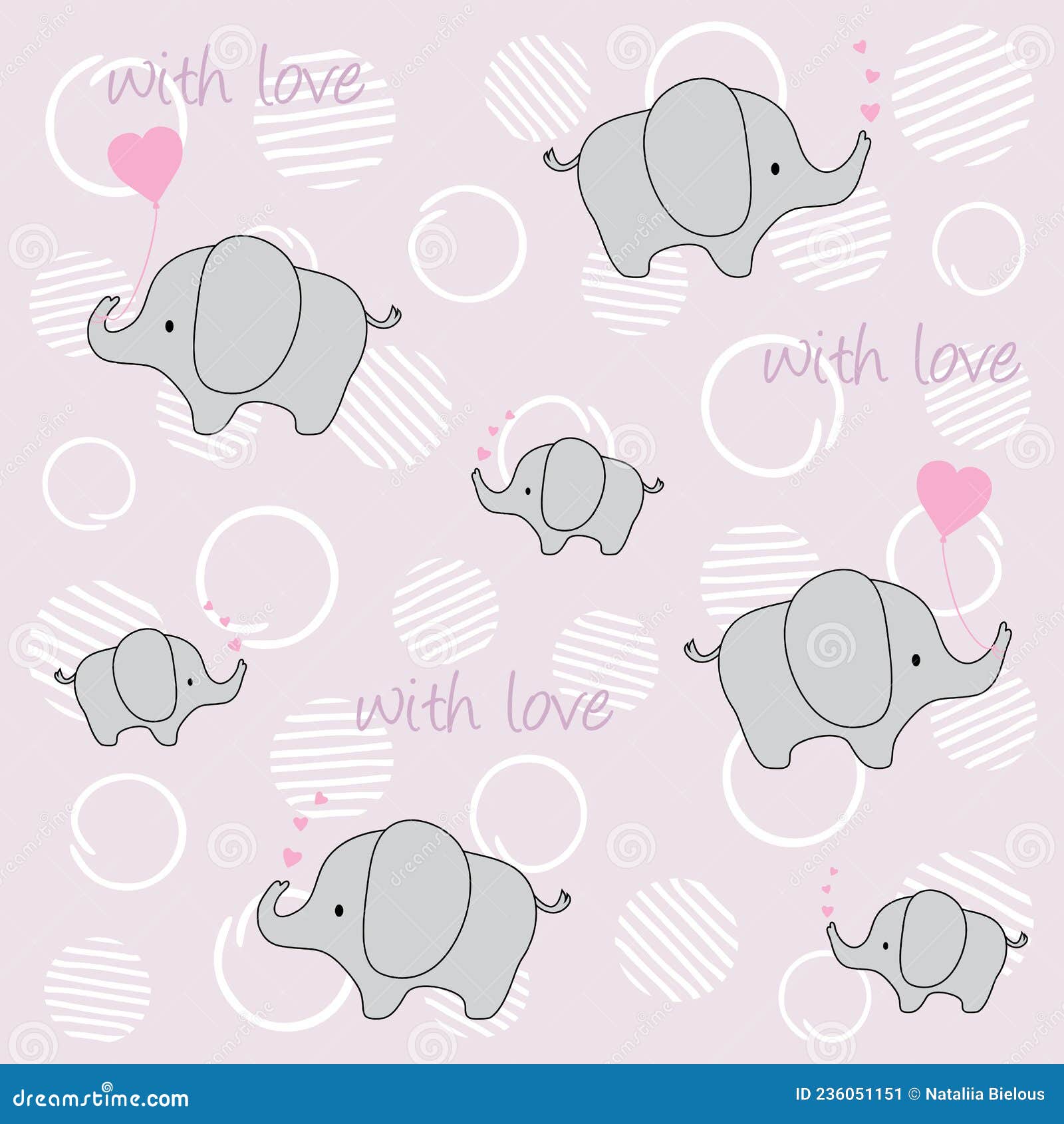 Cute Baby Elephants with Hearts and Balloons on a Decorative Background ...