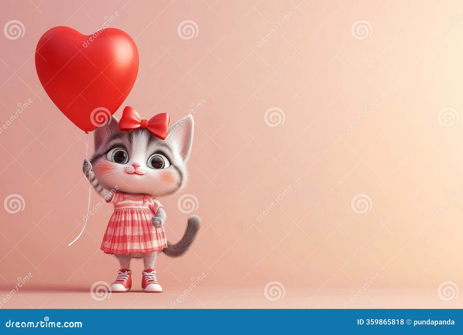 a cute baby girl cat holds a red heart-d balloon, radiating a joyful and playful mood against a pastel background