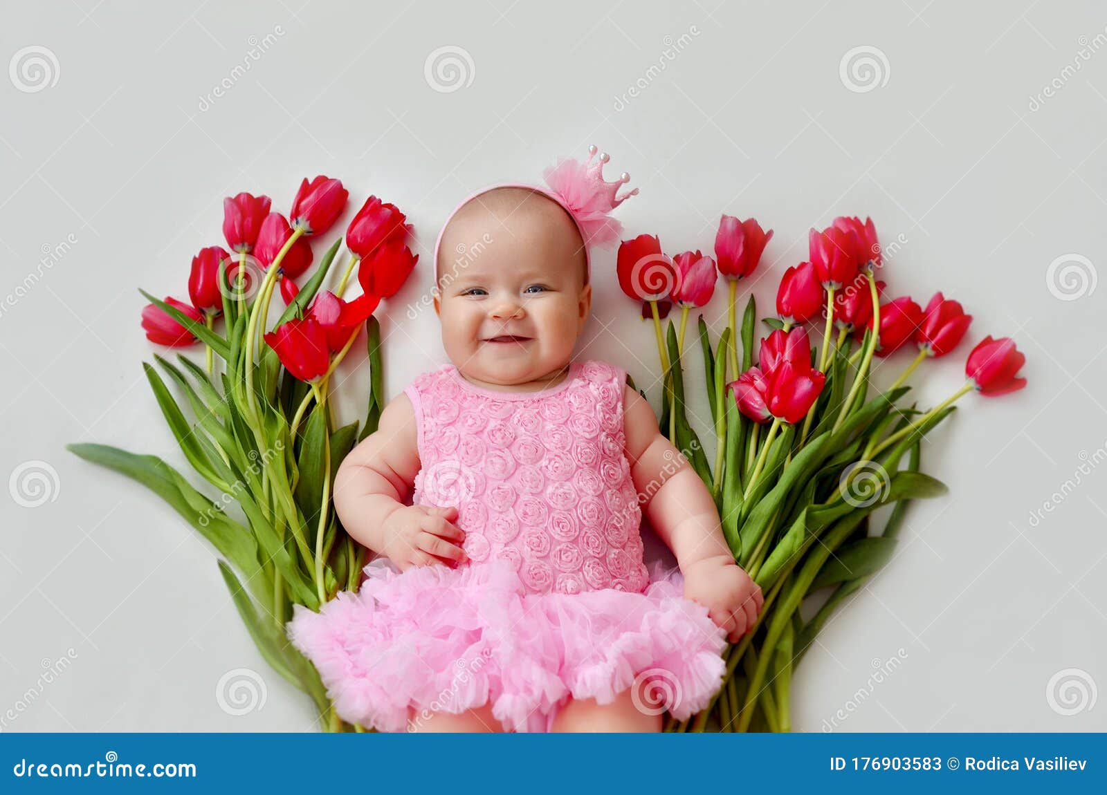 Cute Baby Girl with Flower Tulip Stock Image - Image of nursery ...