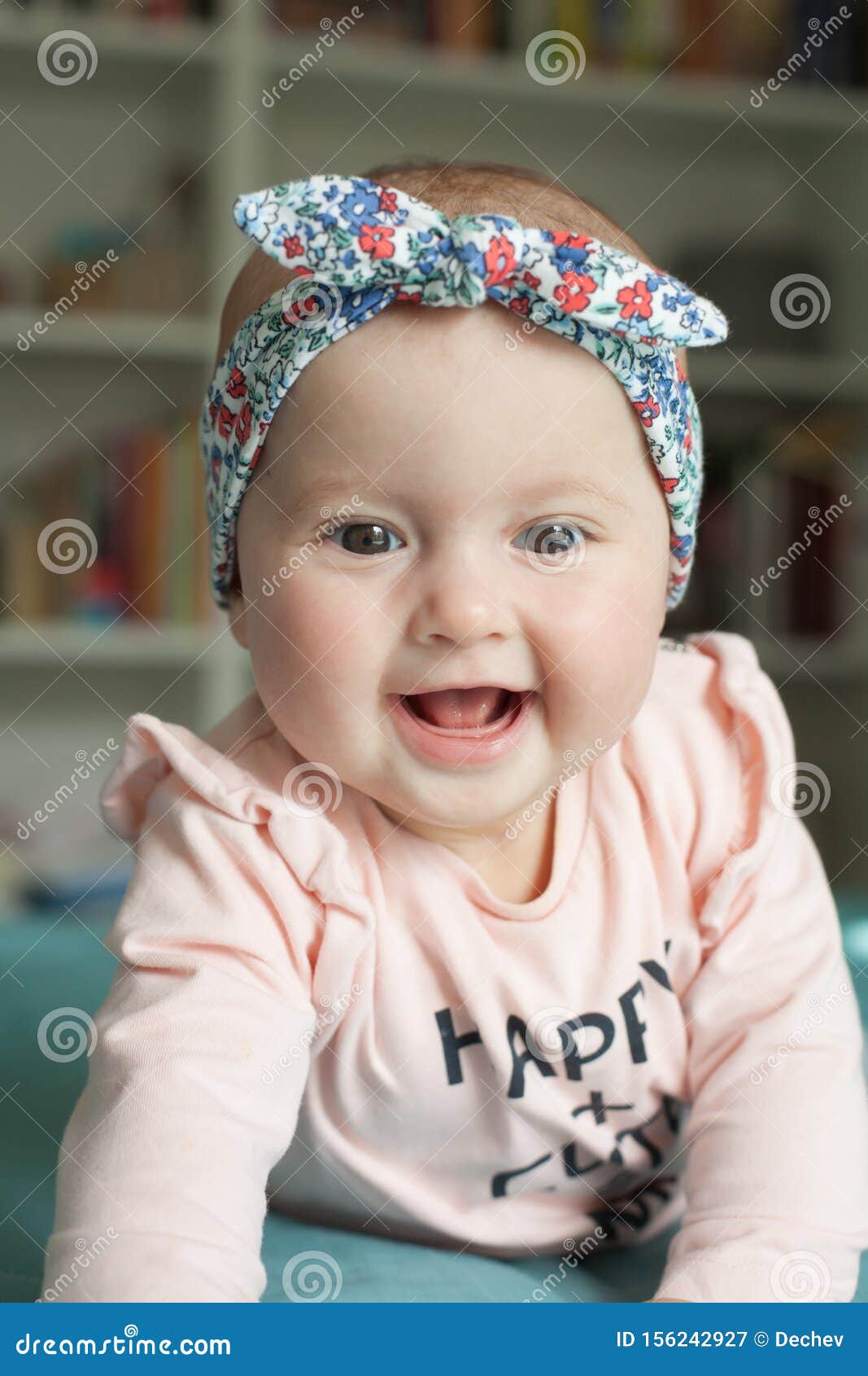 Cute Baby Girl with Hairband Ribbon, Smiling, Laughing. Adorable ...
