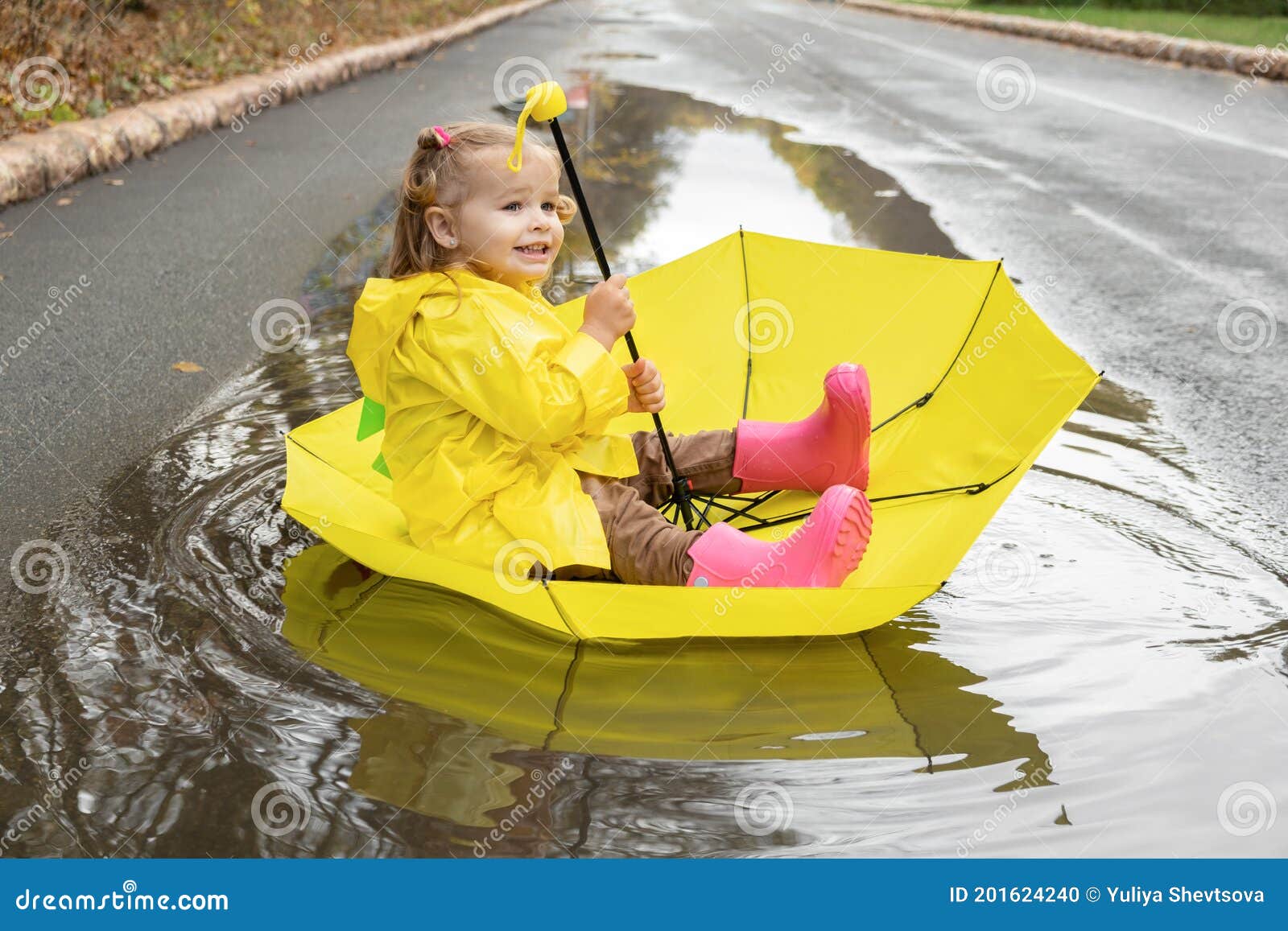 Cute Baby Girl Wearing Yellow Stylish Raincoat Pink Rubber Boots ...