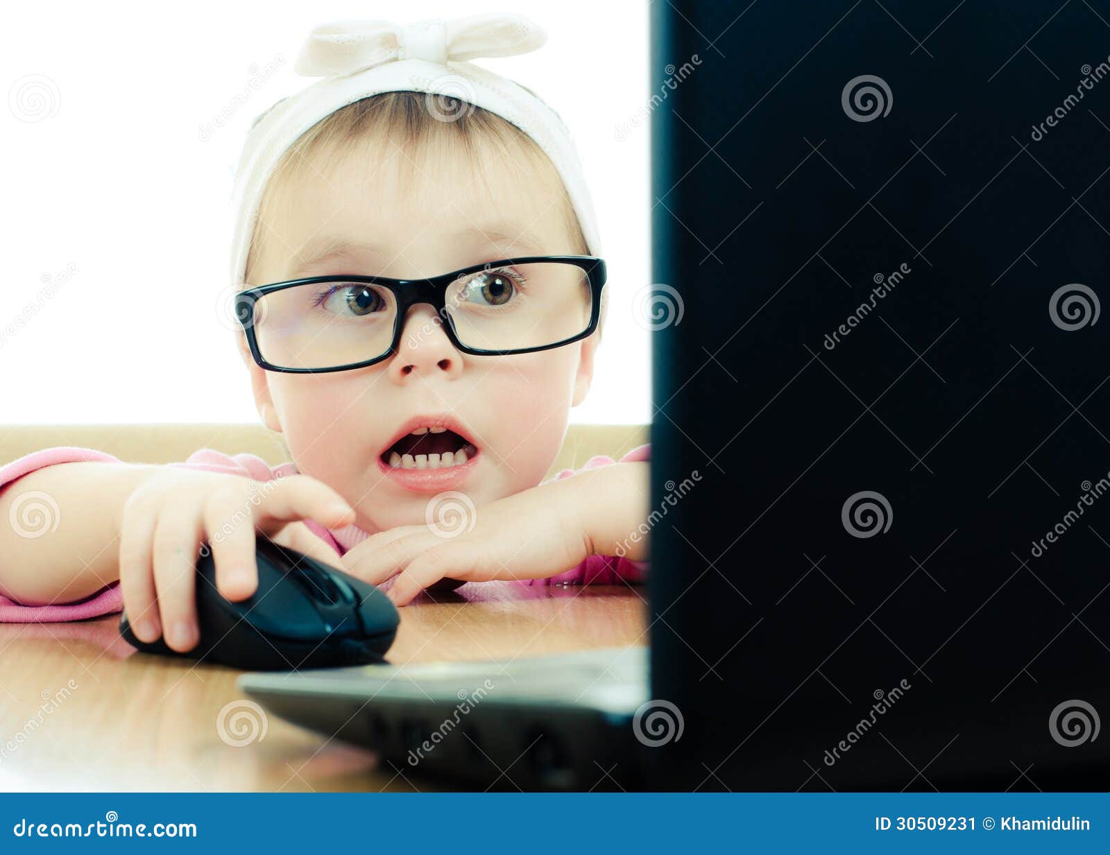 Cute Baby with Glasses Looking into the Laptop Stock Image Image of