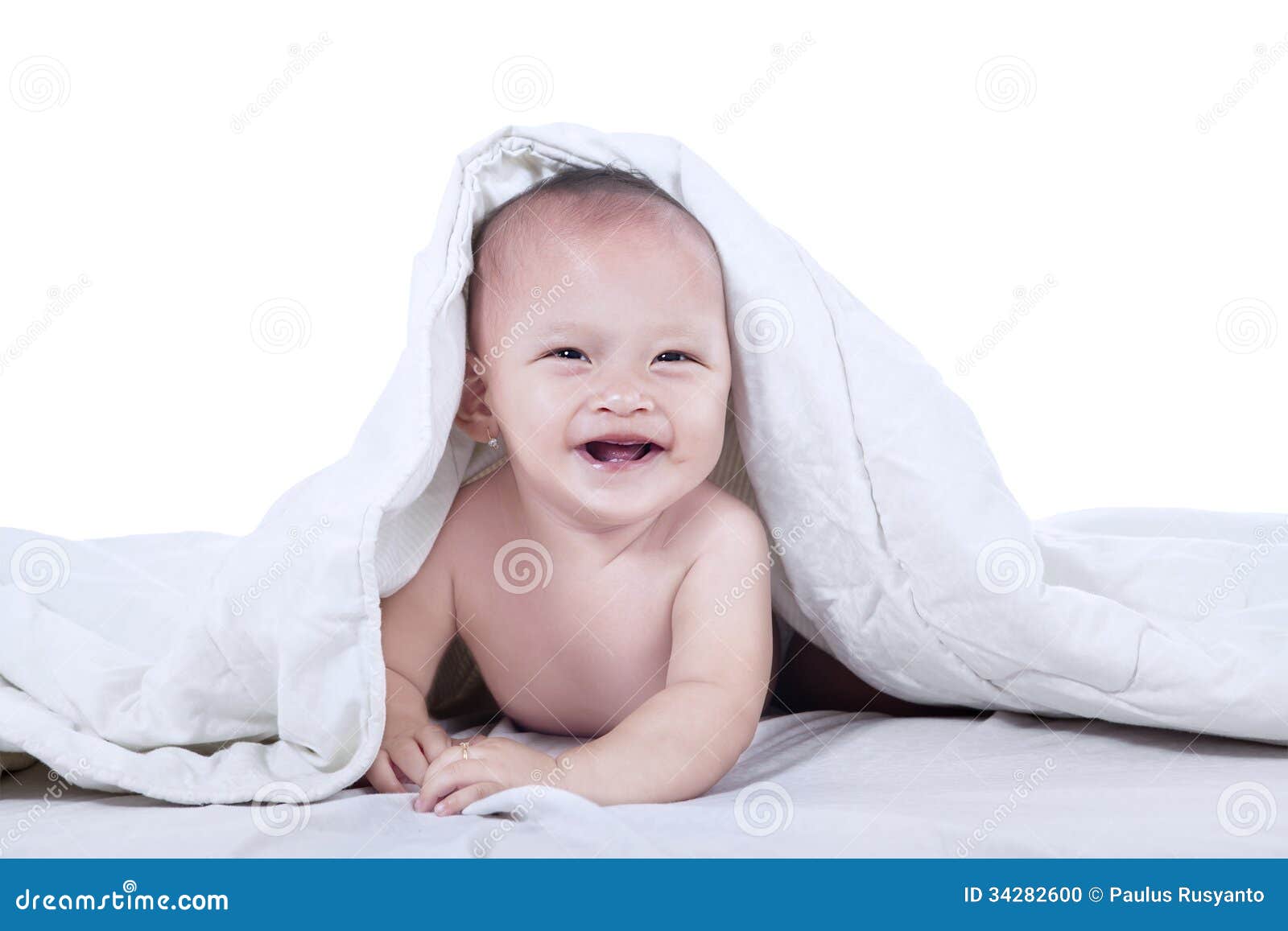 Cute Baby Laughing Under Blanket Isolated Stock Photo Image of