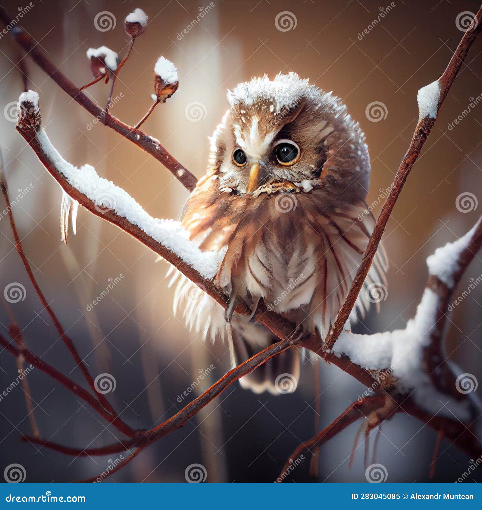 Cute Baby Owl on a Tree Branch in Winter. Stock Illustration
