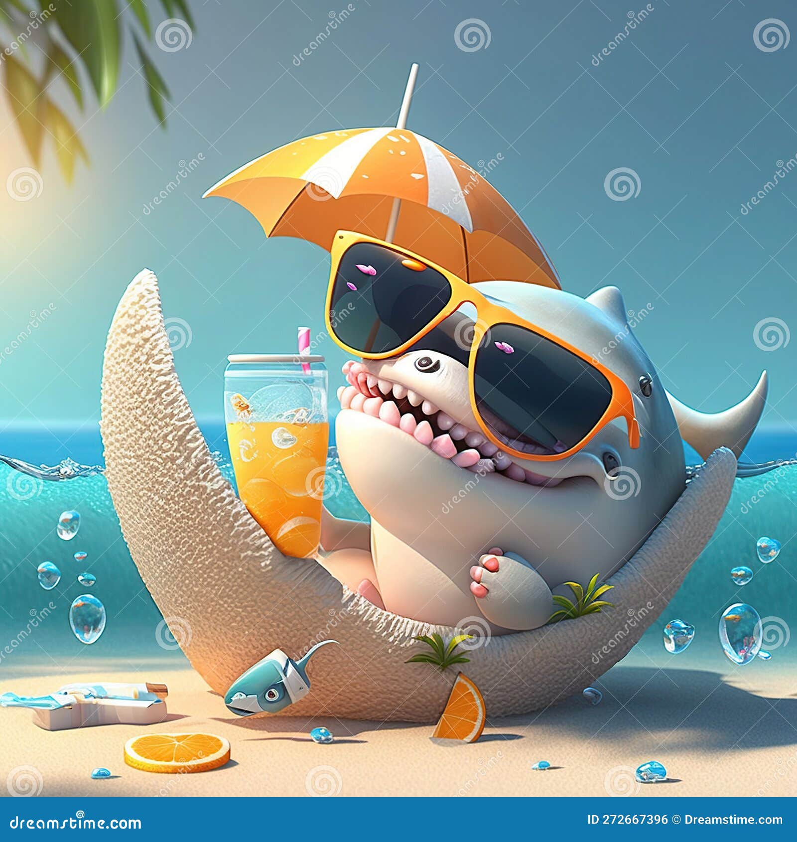 cute baby shark lying down on a shell hamaca, in an island, drinking orange juice, wearing sunglasses, generative ai