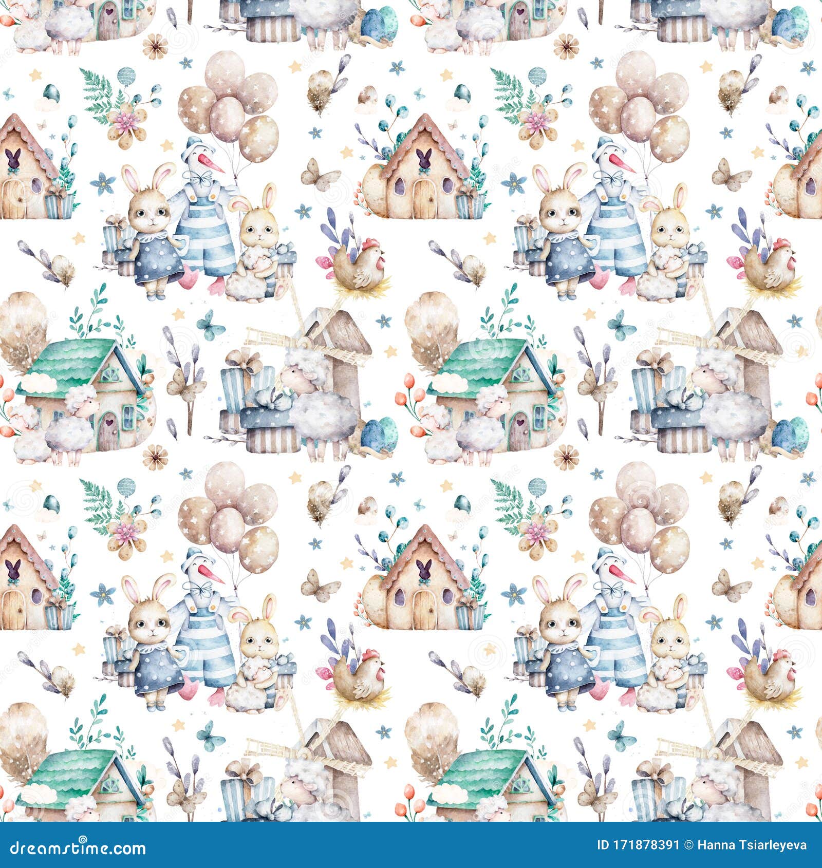 cute baby sheep and bunnies animal seamless pattern, farm  for children clothing. farm watercolor hand drawn boho