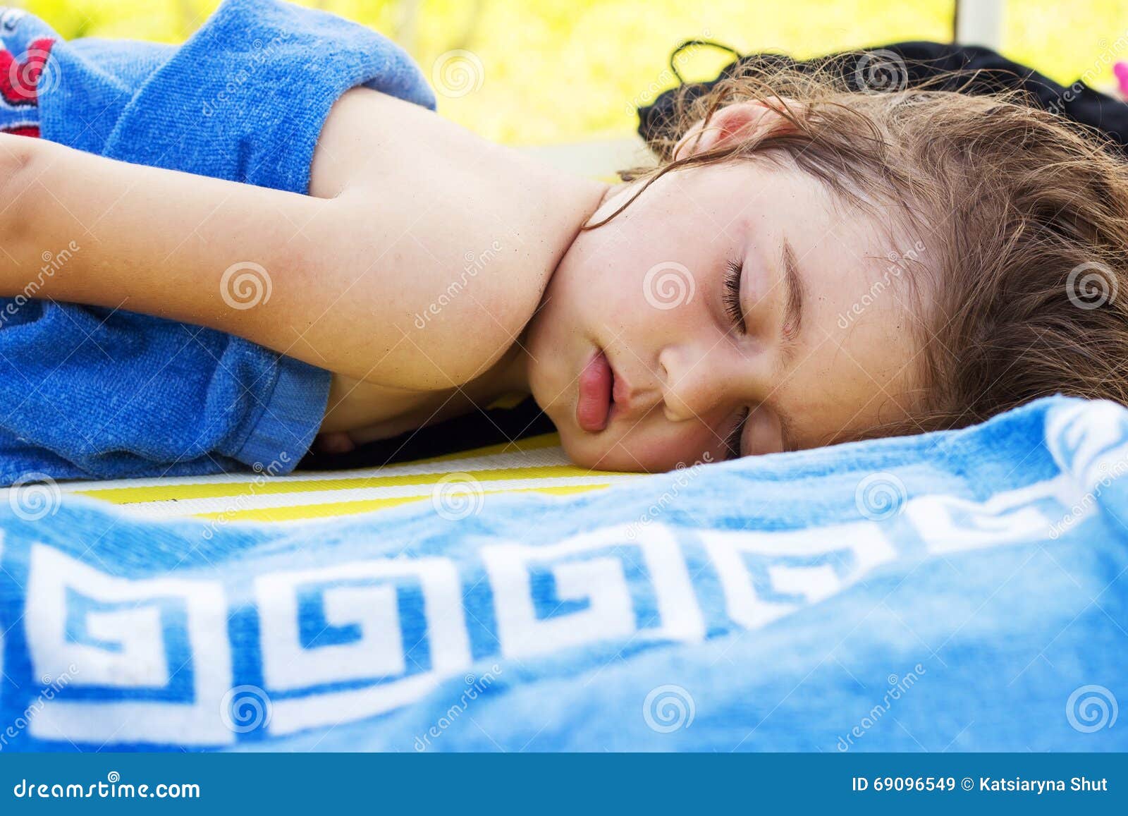 Cute Baby is Sleeping on the Beach at Summer Day, Stock Image Image