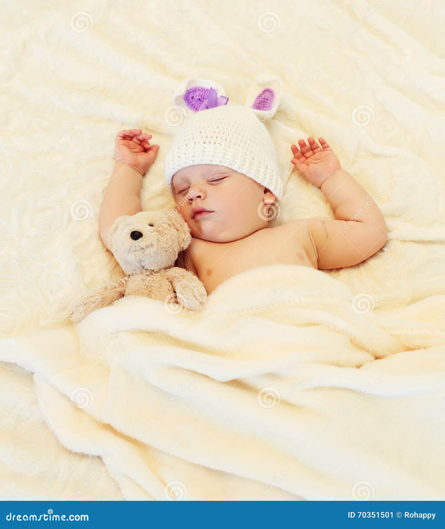 Cute Baby Sleeping with Teddy Bear on White Bed Home Stock Image ...