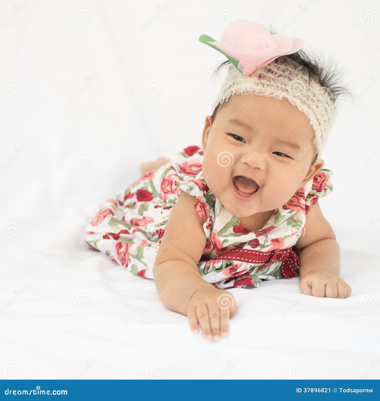 Cute Baby Smiling Girl with Rose Headband Stock Image - Image of ...