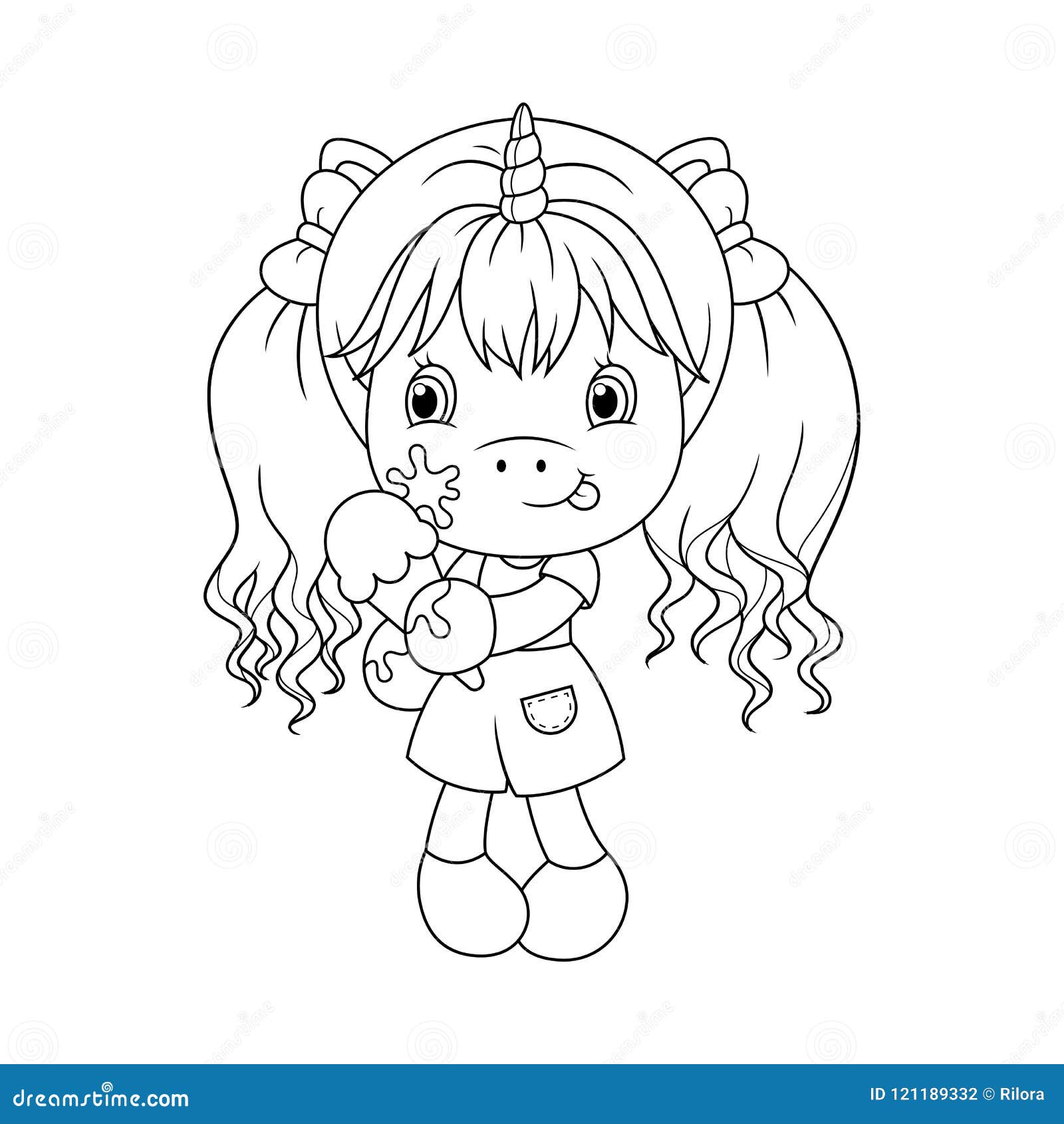 Cute Baby Unicorn Holding Ice Cream, Coloring Page For Girls. Vector. Stock Vector ...
