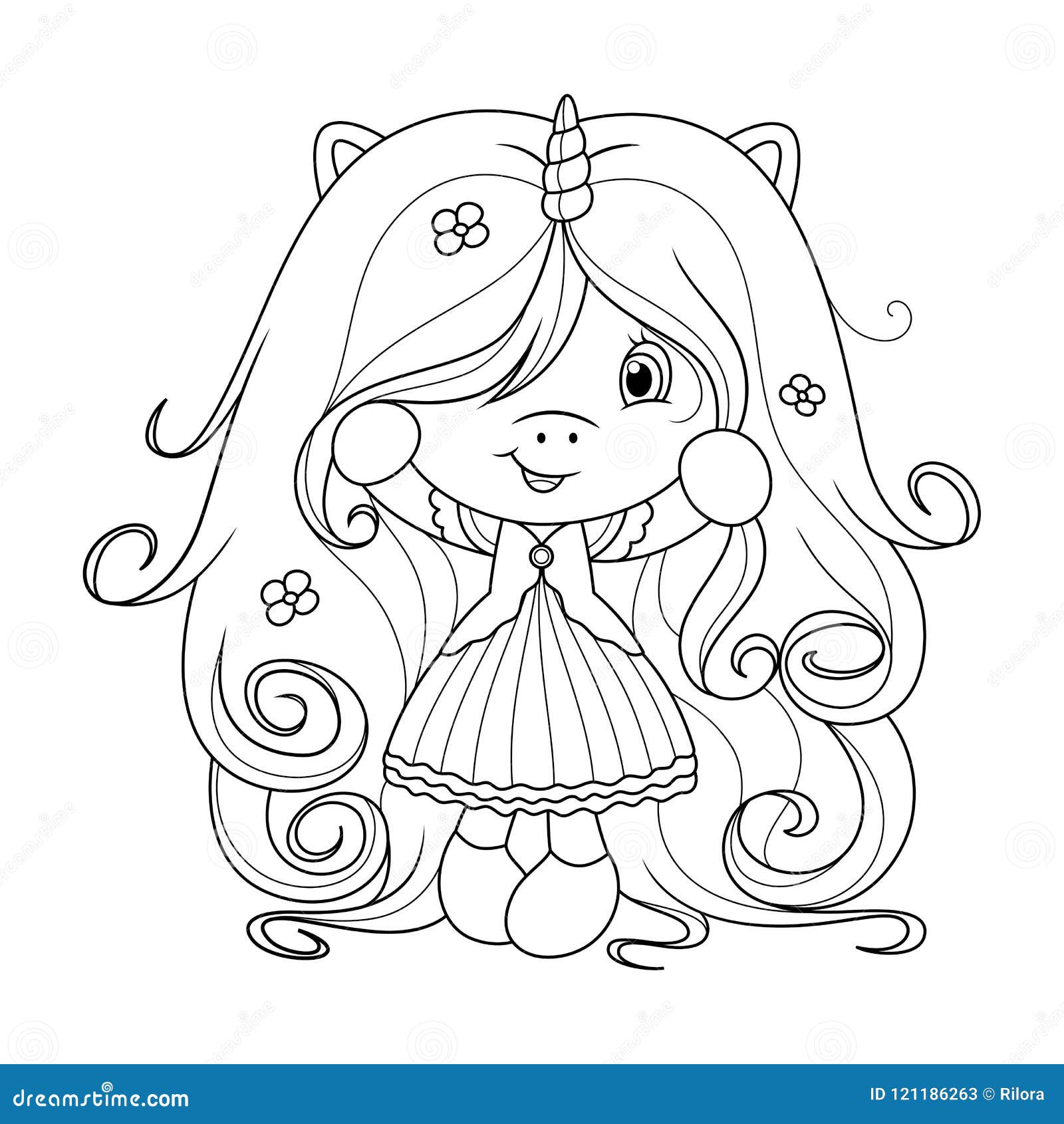Cute Baby Unicorn With Super Long Hair With Flowers Coloring Page